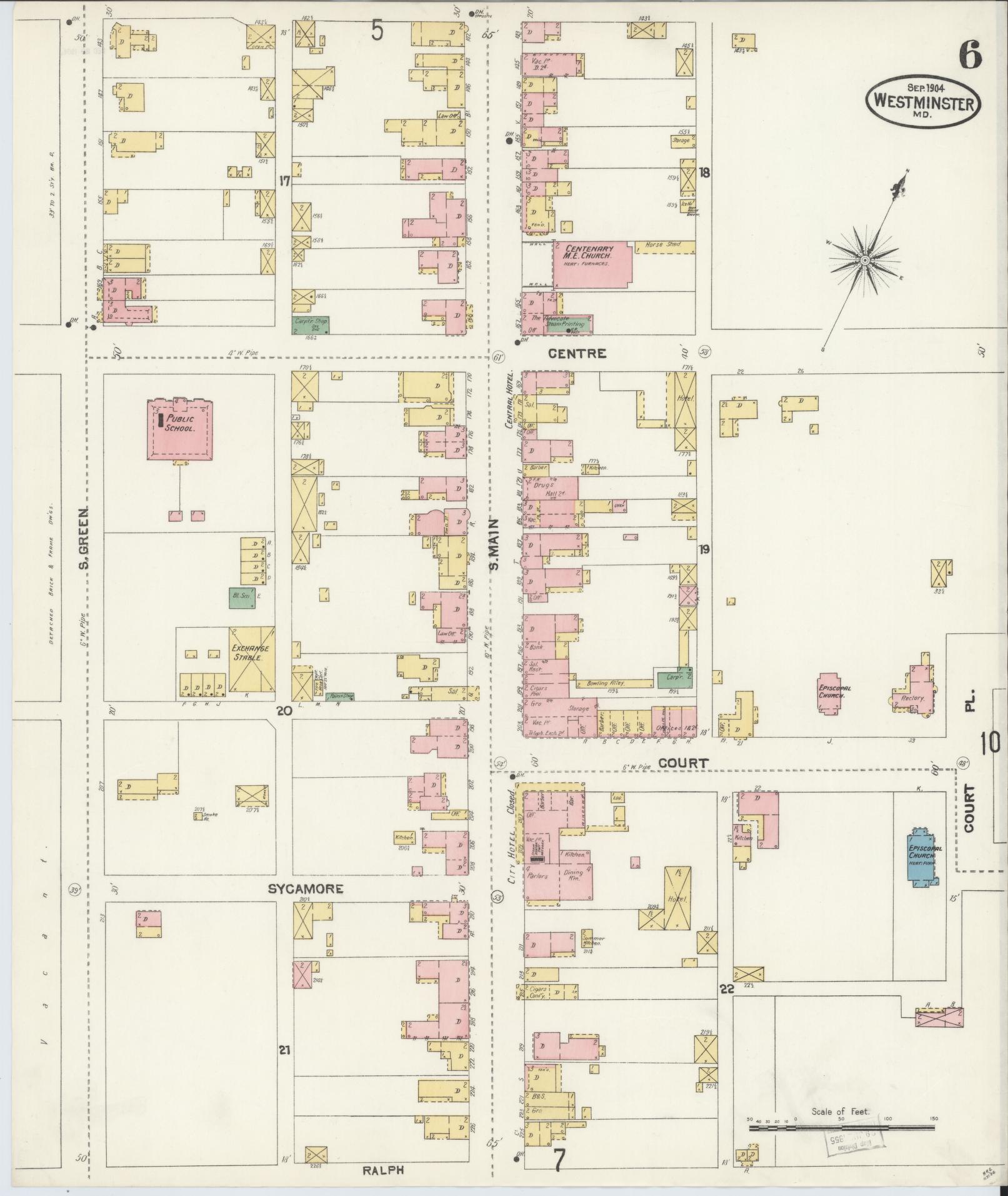 Sanborn Fire Insurance Map from Westminster, Carroll County, Maryland (1904), Sheet #0006 - Historic Sanborn Fire Insurance Map Print, vintage old map wall art, antique decor, genealogy gift, Maryland Maryland map