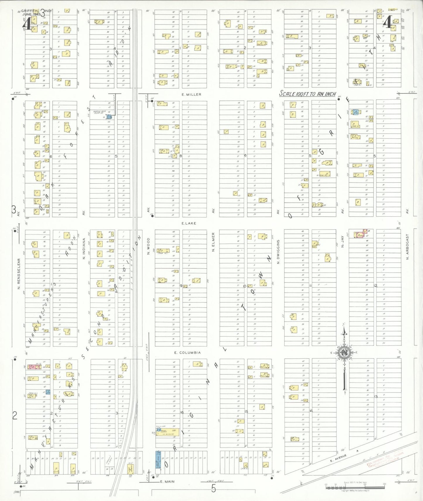 Sanborn Fire Insurance Map from Griffith, Lake County, Indiana (1943), Sheet #0004 - Historic Sanborn Fire Insurance Map Print, vintage old map wall art, antique decor, genealogy gift, Indiana Indiana map