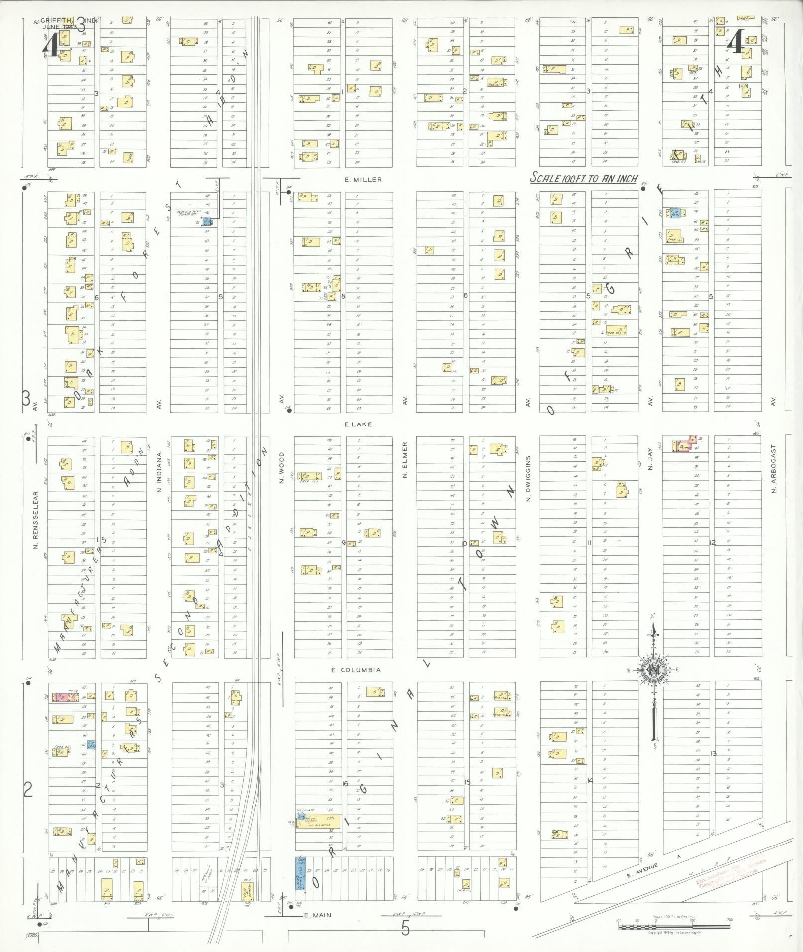 Sanborn Fire Insurance Map from Griffith, Lake County, Indiana (1943), Sheet #0004 - Historic Sanborn Fire Insurance Map Print, vintage old map wall art, antique decor, genealogy gift, Indiana Indiana map