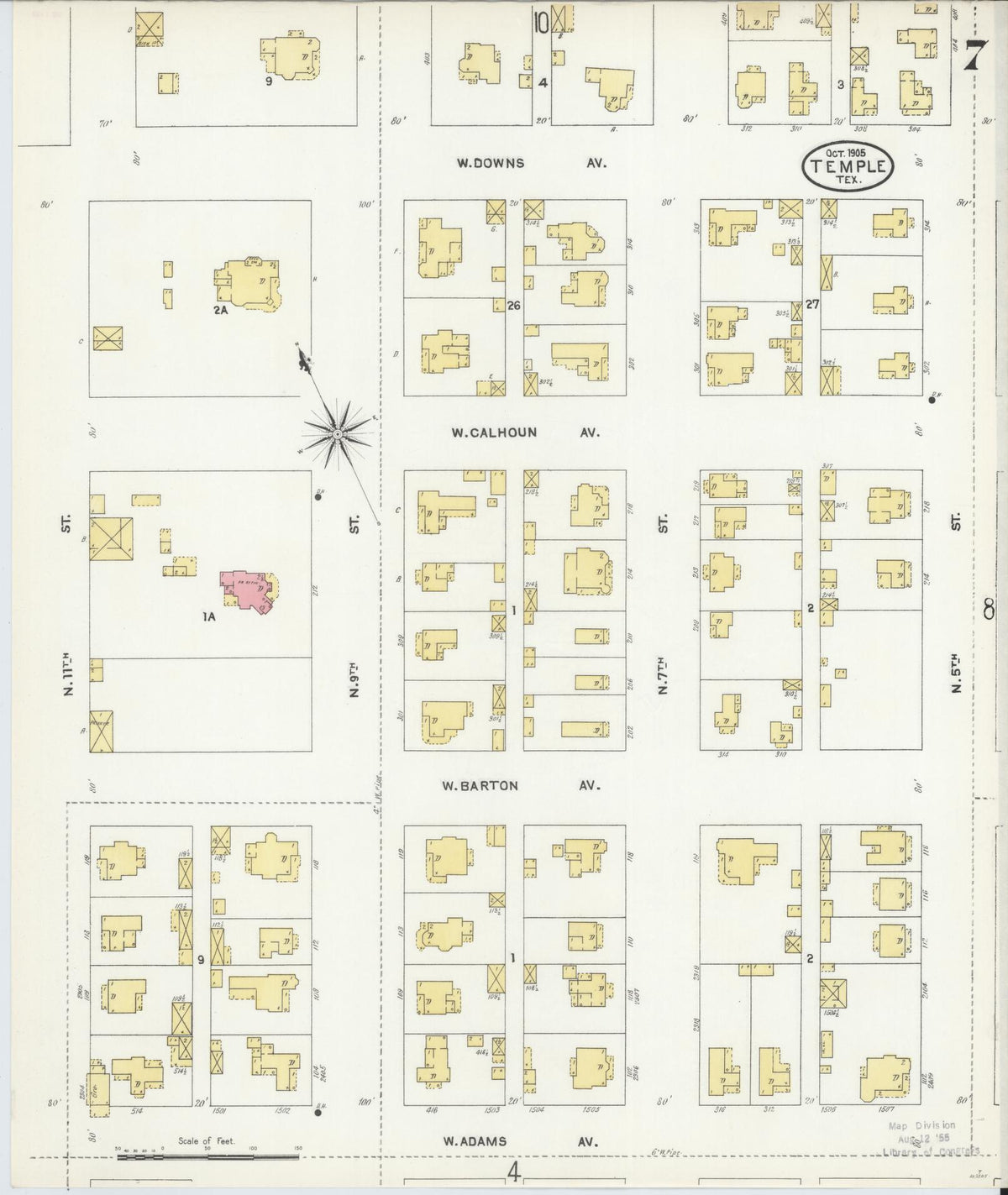 Sanborn Fire Insurance Map from Temple, Bell County, Texas (1905), Sheet #0007 - Complete Map Set gallery image, historic Sanborn map, vintage wall art, Texas Texas