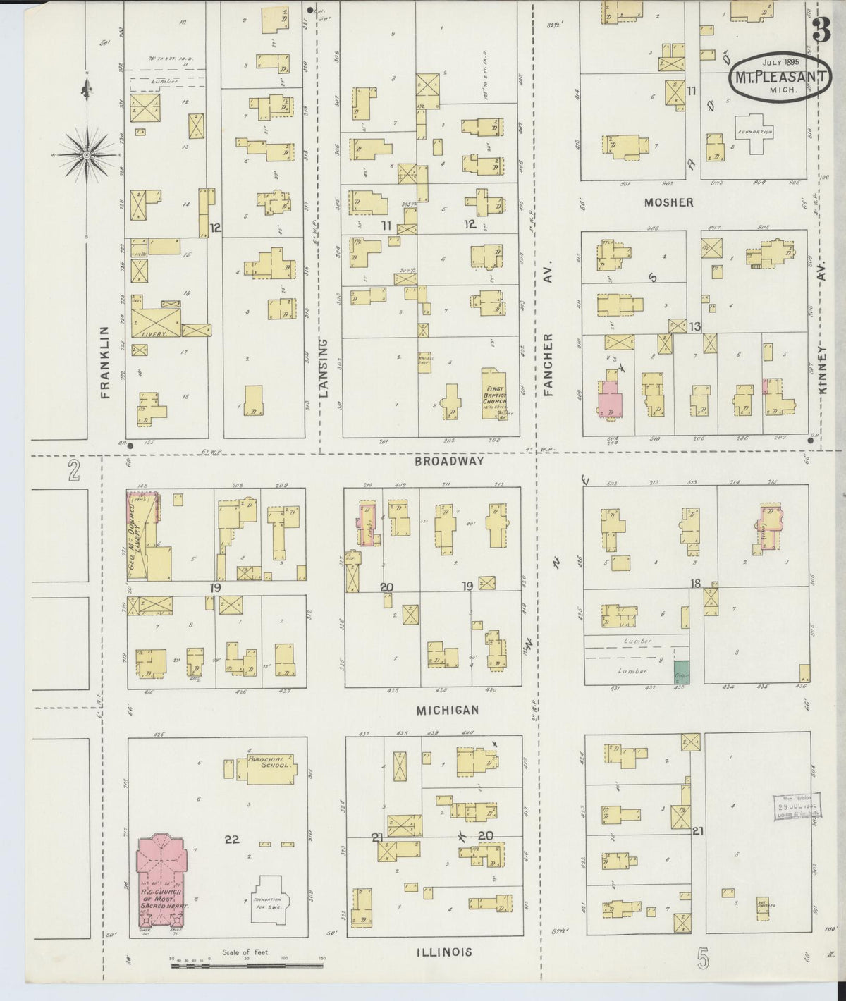 Sanborn Fire Insurance Map from Mount Pleasant, Isabella County, Michigan (1895), Sheet #0003 - Historic Sanborn Fire Insurance Map Print, vintage old map wall art, antique decor, genealogy gift, Michigan Michigan map