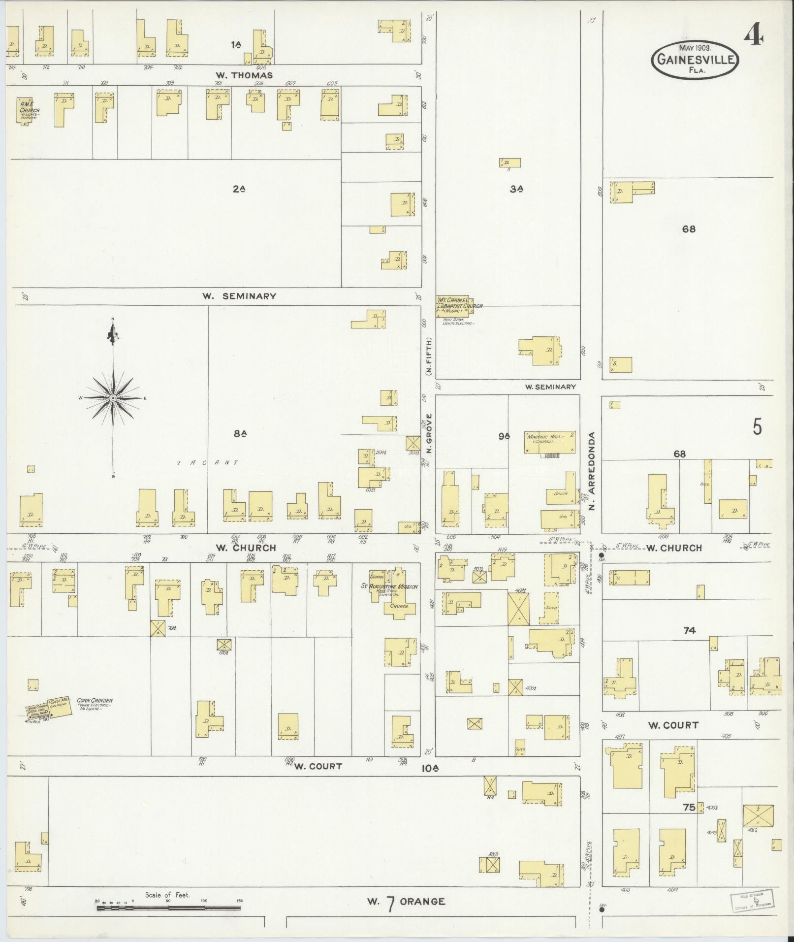 Sanborn Fire Insurance Map from Gainesville, Alachua County, Florida (1909), Sheet #0004 - Complete Map Set gallery image, historic Sanborn map, vintage wall art, Florida Florida