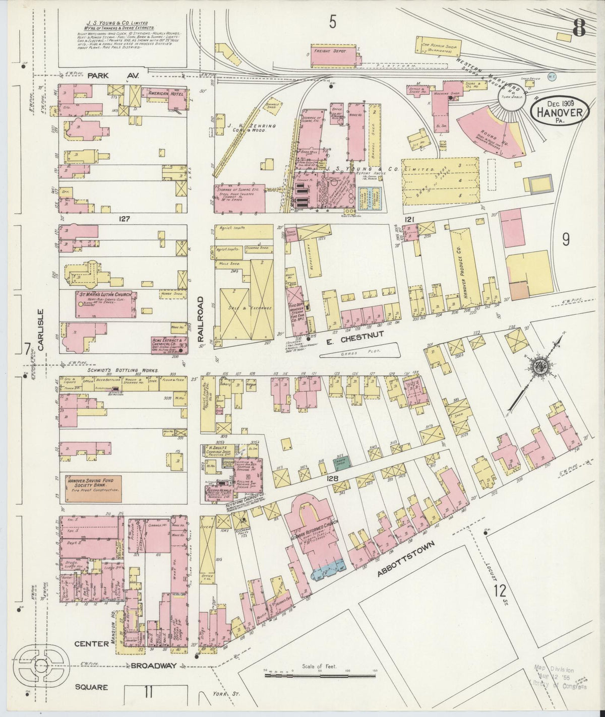 Sanborn Fire Insurance Map from Hanover, York County, Pennsylvania (1909), Sheet #0008 - Historic Sanborn Fire Insurance Map Print, vintage old map wall art, antique decor, genealogy gift, Pennsylvania Pennsylvania map