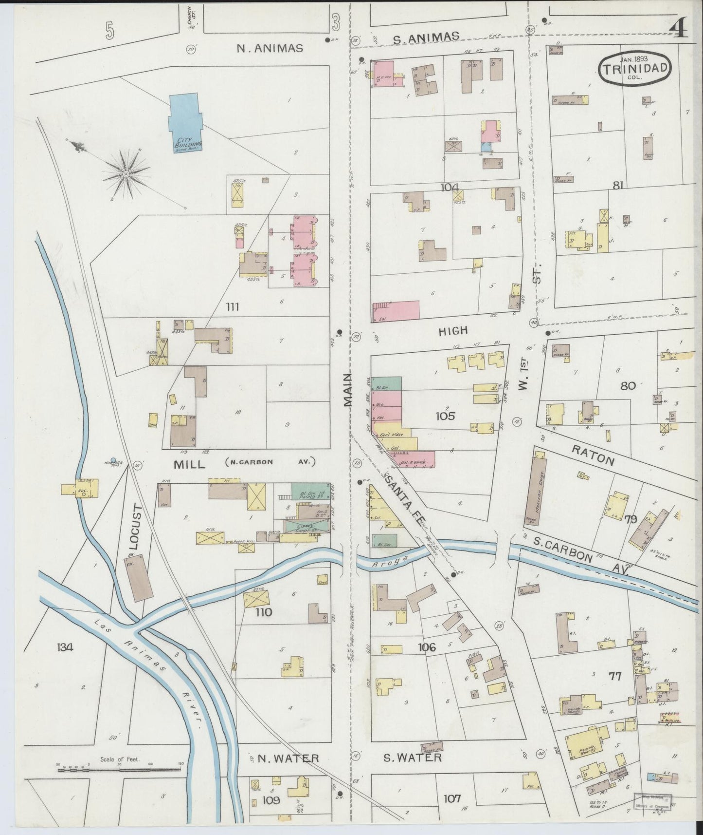 Sanborn Fire Insurance Map from Trinidad, Las Animas County, Colorado (1893), Sheet #0004 - Complete Map Set gallery image, historic Sanborn map, vintage wall art, Colorado Colorado