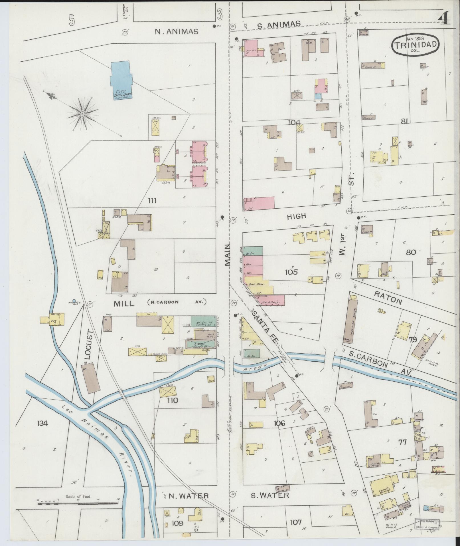 Sanborn Fire Insurance Map from Trinidad, Las Animas County, Colorado (1893), Sheet #0004 - Complete Map Set gallery image, historic Sanborn map, vintage wall art, Colorado Colorado