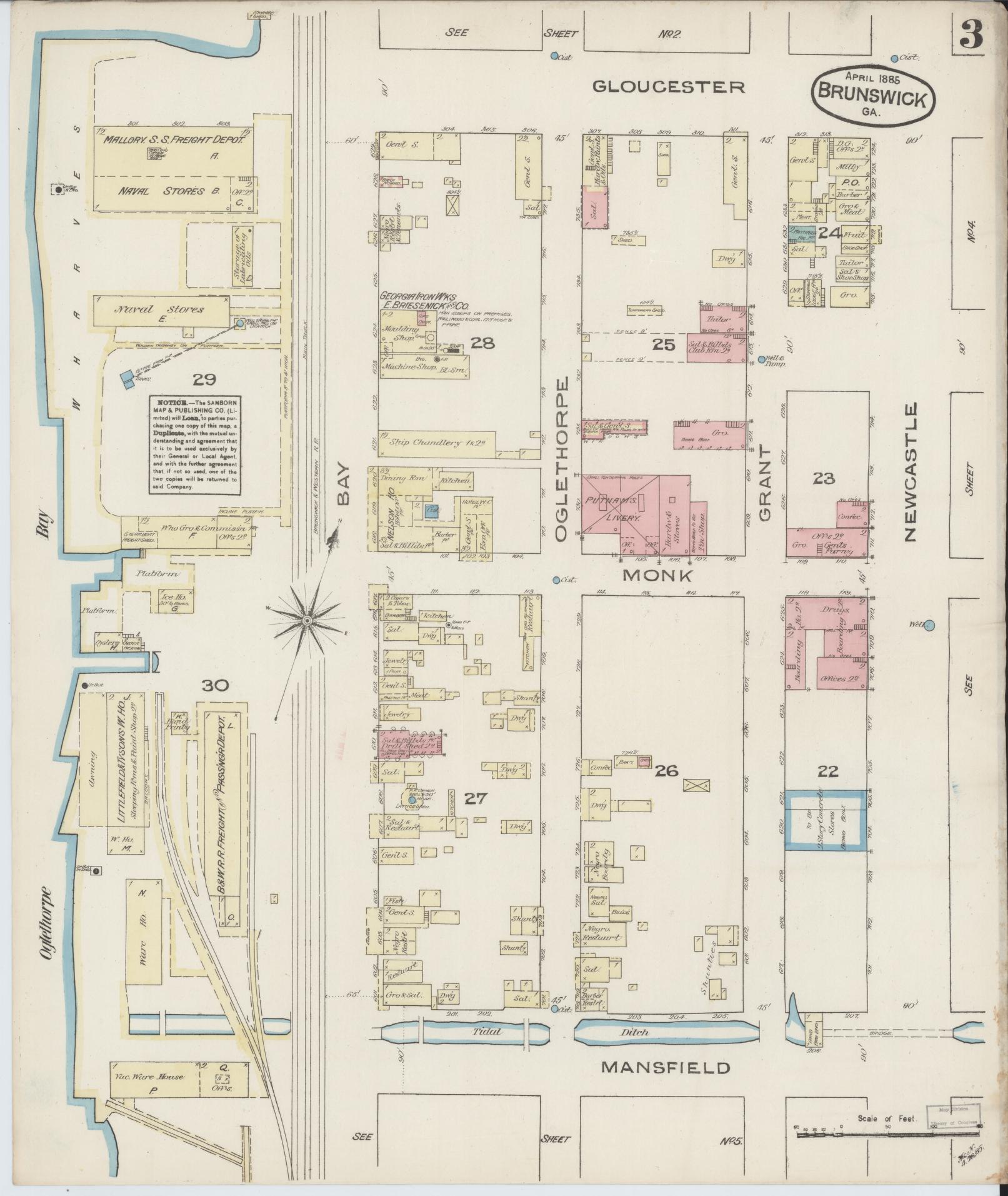 Sanborn Fire Insurance Map from Brunswick, Glynn County, Georgia (1885), Sheet #0003 - Historic Sanborn Fire Insurance Map Print, vintage old map wall art, antique decor, genealogy gift, Georgia Georgia map