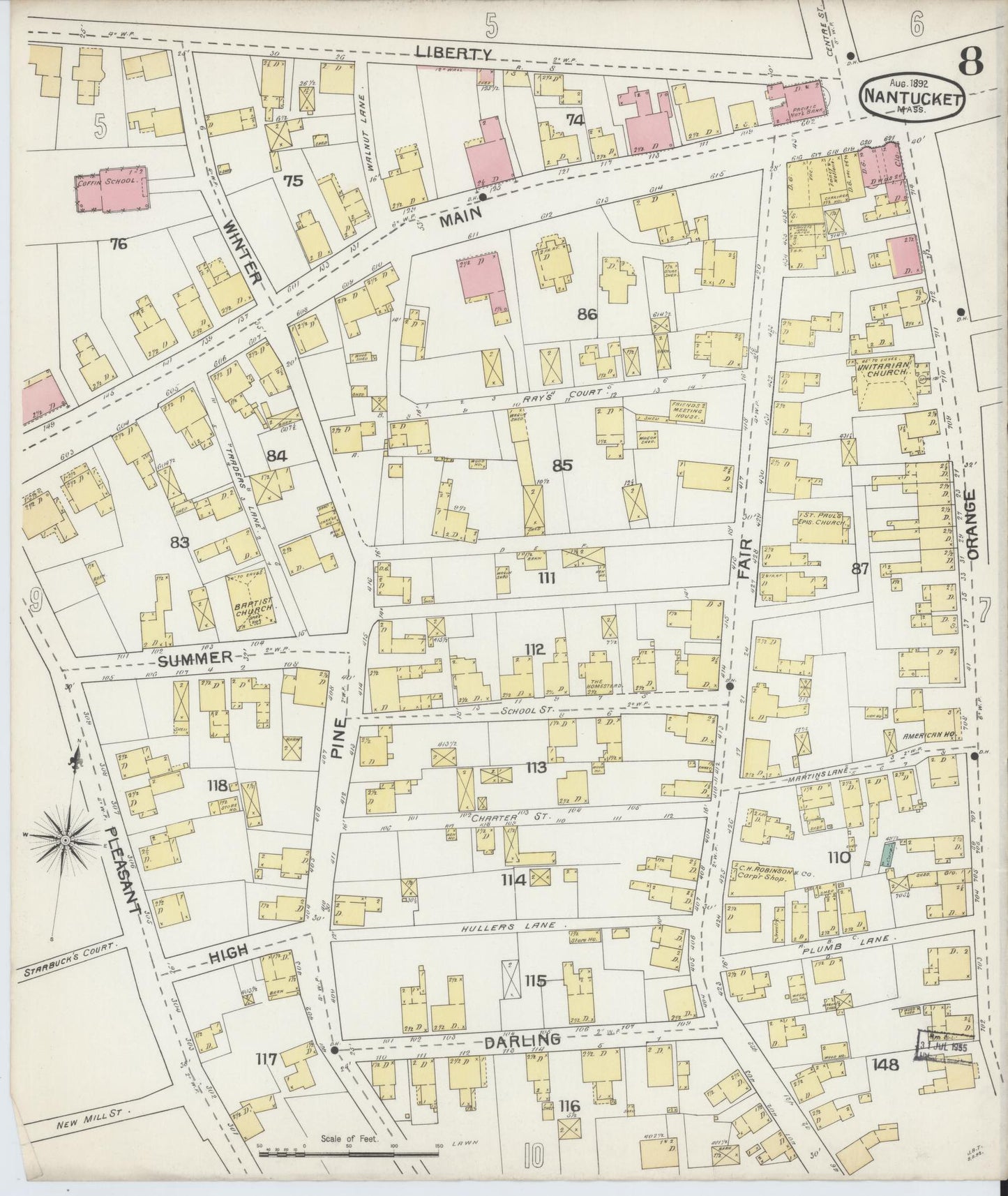 Sanborn Fire Insurance Map from Nantucket, Nantucket County, Massachusetts (1892), Sheet #0008 - Historic Sanborn Fire Insurance Map Print, vintage old map wall art, antique decor, genealogy gift, Massachusetts Massachusetts map