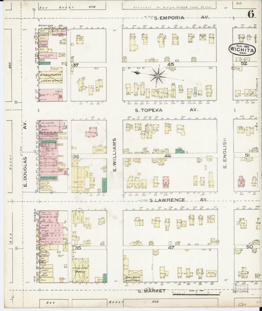 Sanborn Fire Insurance Map from Wichita, Sedgwick County, Kansas (1886), Sheet #0006 - Historic Sanborn Fire Insurance Map Print, vintage old map wall art, antique decor, genealogy gift, Kansas Kansas map