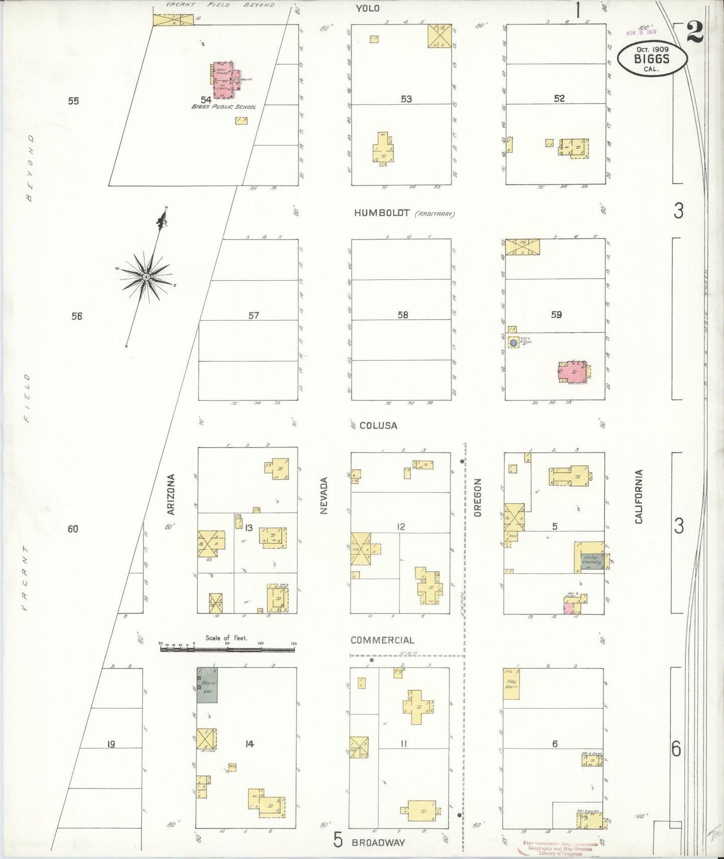 Sanborn Fire Insurance Map from Biggs, Butte County, California (1909), Sheet #0002 - Historic Sanborn Fire Insurance Map Print, vintage old map wall art, antique decor, genealogy gift, California California map