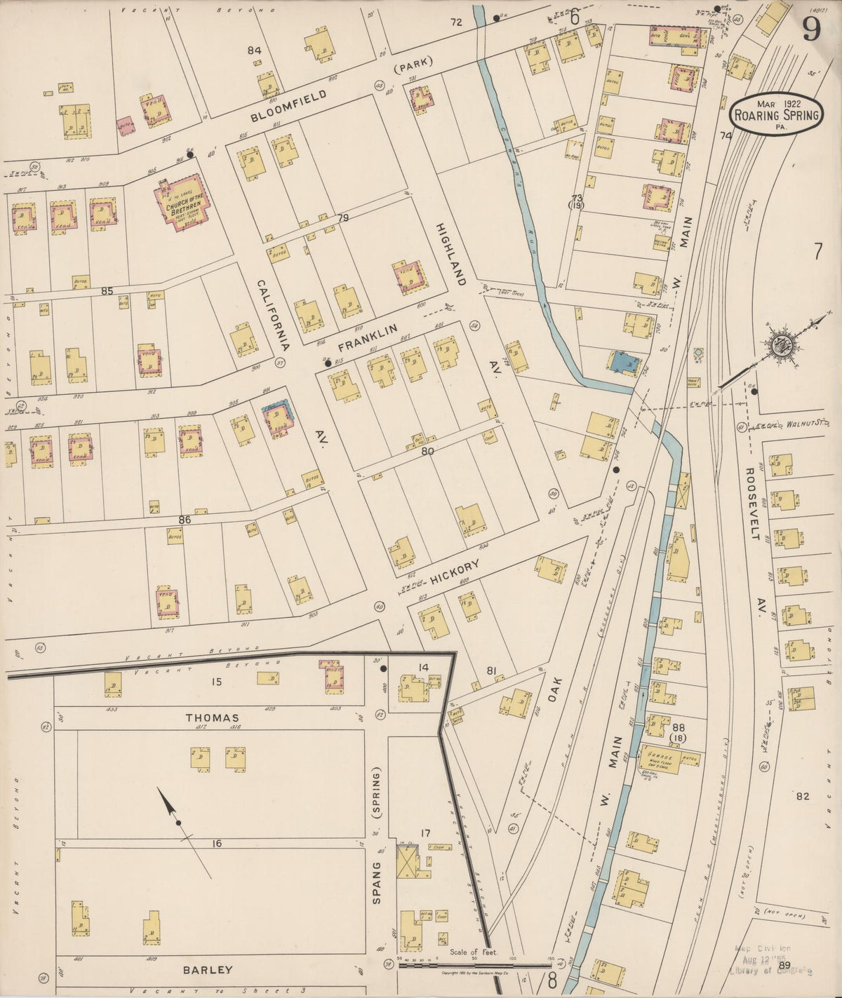 Sanborn Fire Insurance Map from Roaring Spring, Blair County, Pennsylvania (1922), Sheet #0009 - Historic Sanborn Fire Insurance Map Print, vintage old map wall art, antique decor, genealogy gift, Pennsylvania Pennsylvania map