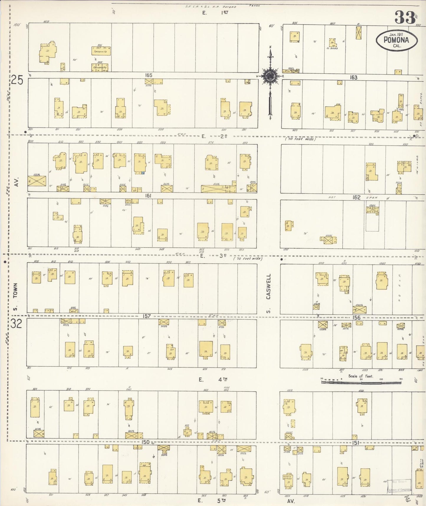 Sanborn Fire Insurance Map from Pomona, Los Angeles County, California (1911), Sheet #0033 - Complete Map Set gallery image, historic Sanborn map, vintage wall art, California California