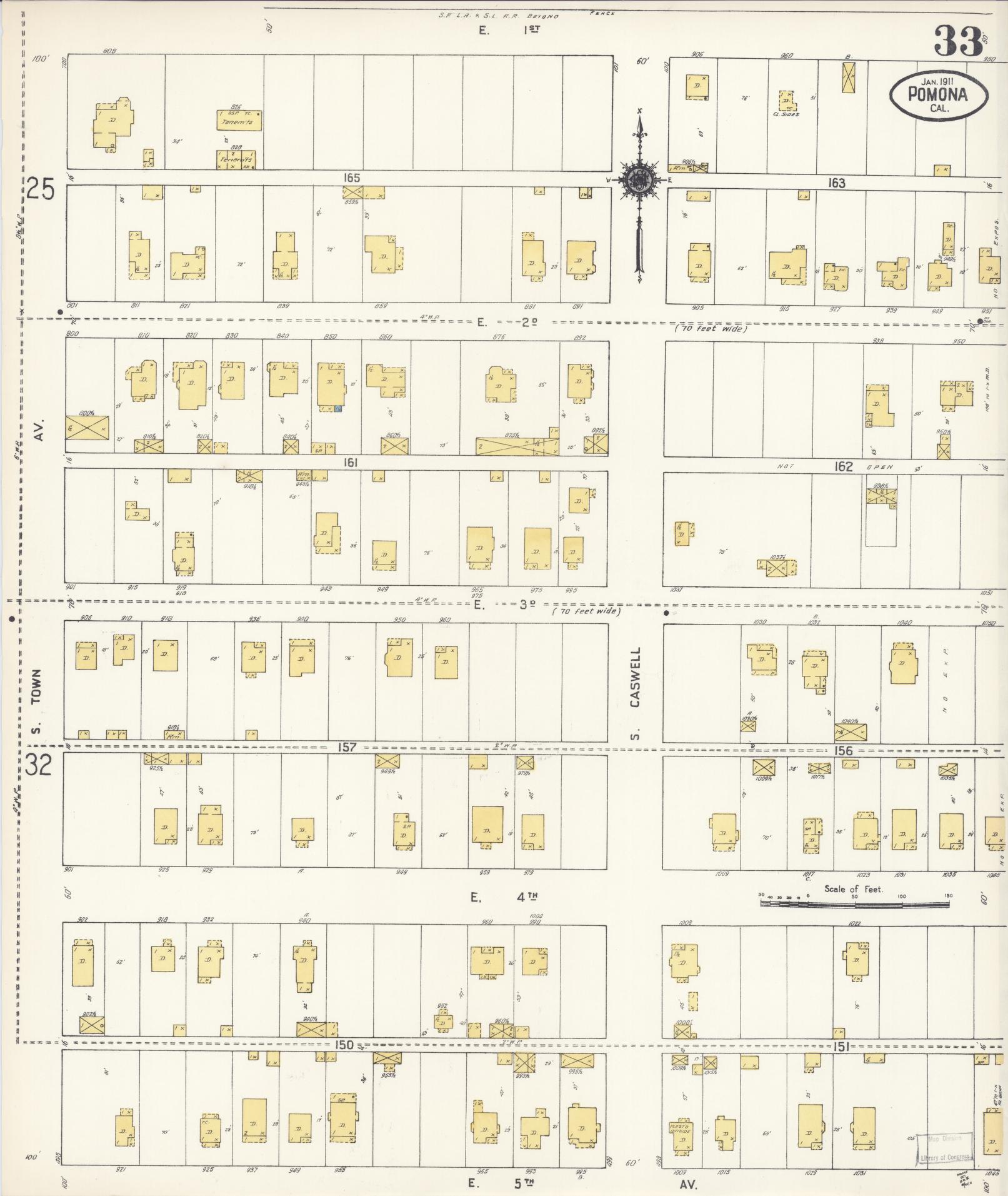 Sanborn Fire Insurance Map from Pomona, Los Angeles County, California (1911), Sheet #0033 - Complete Map Set gallery image, historic Sanborn map, vintage wall art, California California