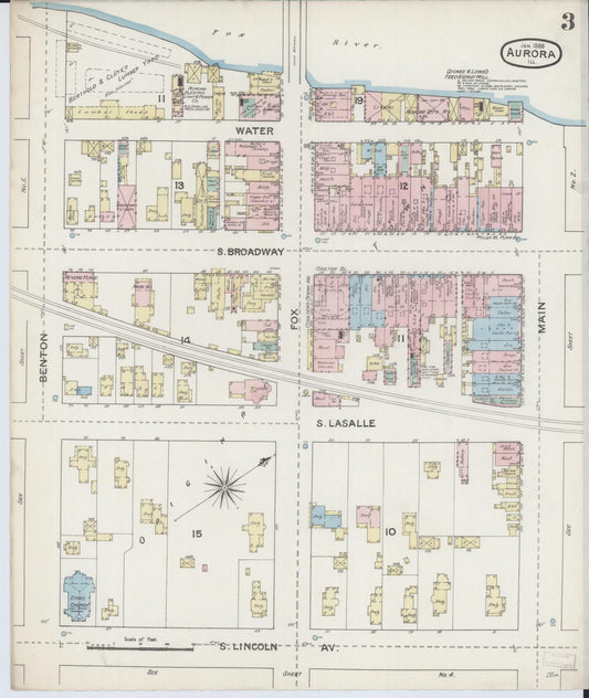 Sanborn Fire Insurance Map from Aurora, Kane County, Illinois (1888), Sheet #0003 - Historic Sanborn Fire Insurance Map Print, vintage old map wall art, antique decor, genealogy gift, Illinois Illinois map