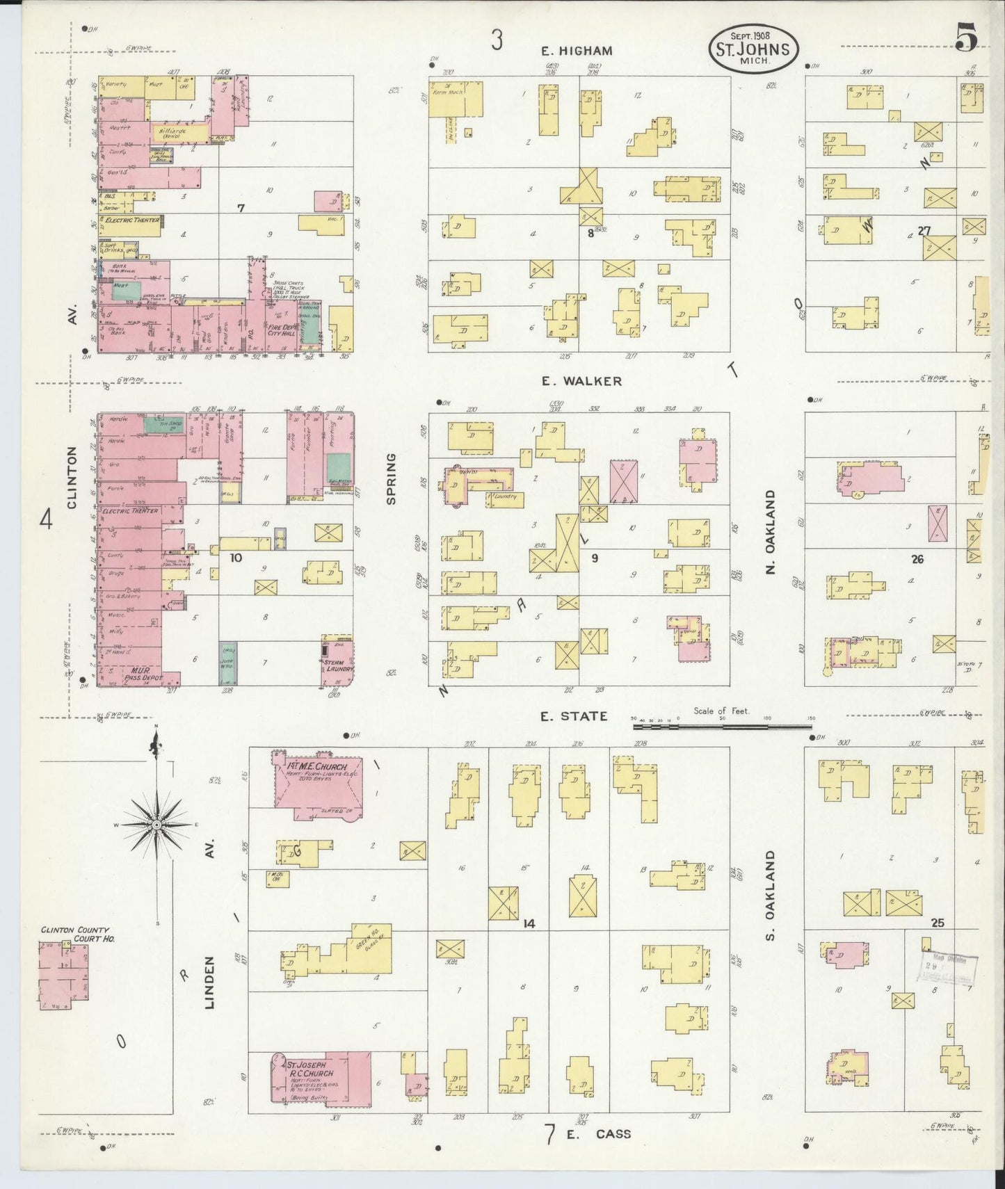 Sanborn Fire Insurance Map from Saint Johns, Clinton County, Michigan (1908), Sheet #0005 - Complete Map Set gallery image, historic Sanborn map, vintage wall art, Michigan Michigan