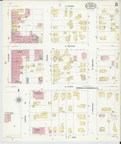 Sanborn Fire Insurance Map from Saint Johns, Clinton County, Michigan (1908), Sheet #0005 - Complete Map Set gallery image, historic Sanborn map, vintage wall art, Michigan Michigan