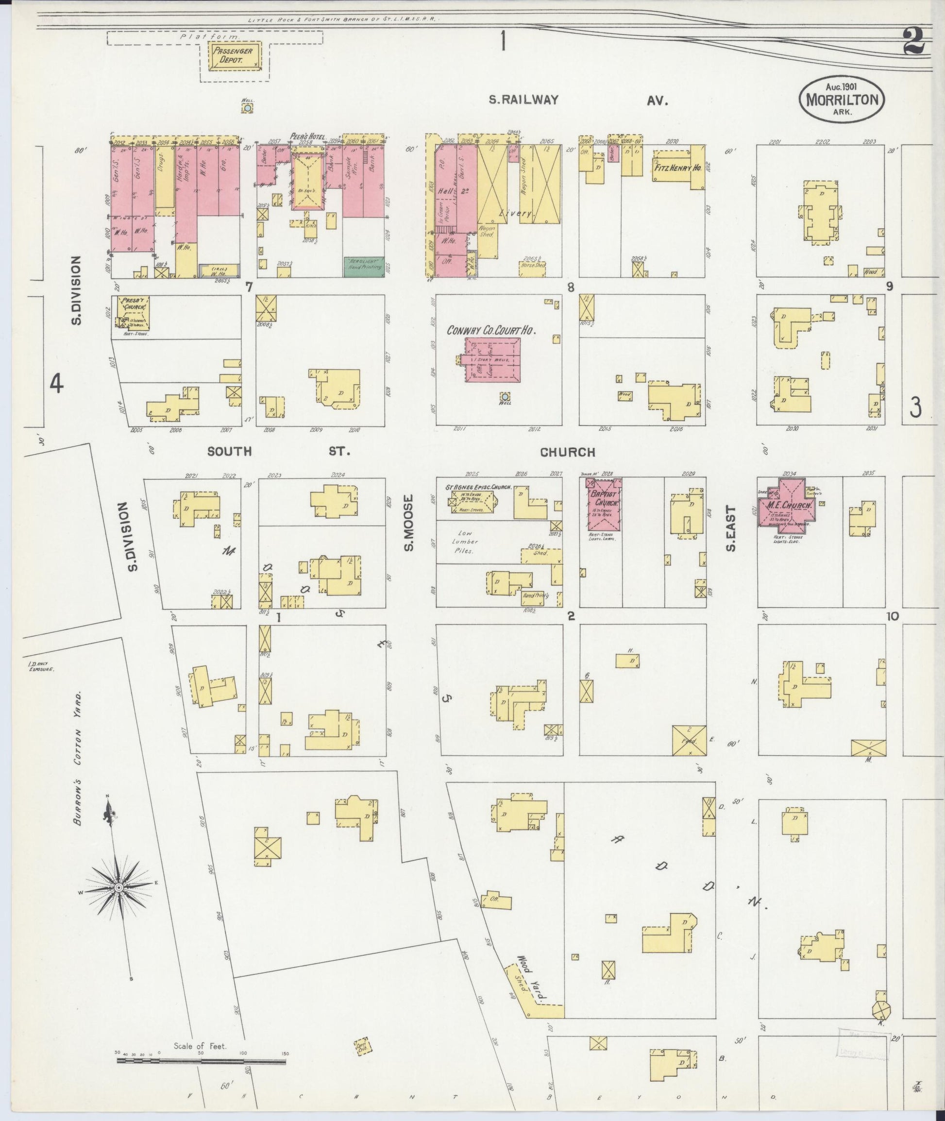 Sanborn Fire Insurance Map from Morrilton, Conway County, Arkansas (1901), Sheet #0002 - Historic Sanborn Fire Insurance Map Print, vintage old map wall art, antique decor, genealogy gift, Arkansas Arkansas map
