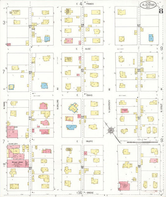 Sanborn Fire Insurance Map from Blackfoot, Bingham County, Idaho (1921), Sheet #0008 - Historic Sanborn Fire Insurance Map Print, vintage old map wall art, antique decor, genealogy gift, Idaho Idaho map