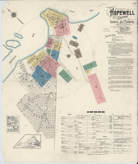 Sanborn Fire Insurance Map from Hopewell, Independent Cities, Virginia (1921), Sheet #0001 - Complete Map Set gallery image, historic Sanborn map, vintage wall art, Virginia Virginia