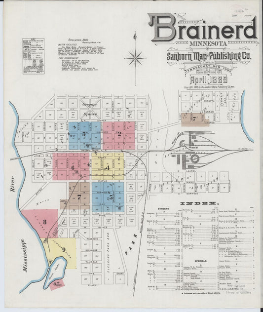 Sanborn Fire Insurance Map from Brainerd, Crow Wing County, Minnesota (1889), Sheet #0001 - Historic Sanborn Fire Insurance Map Print, vintage old map wall art, antique decor, genealogy gift, Minnesota Minnesota map