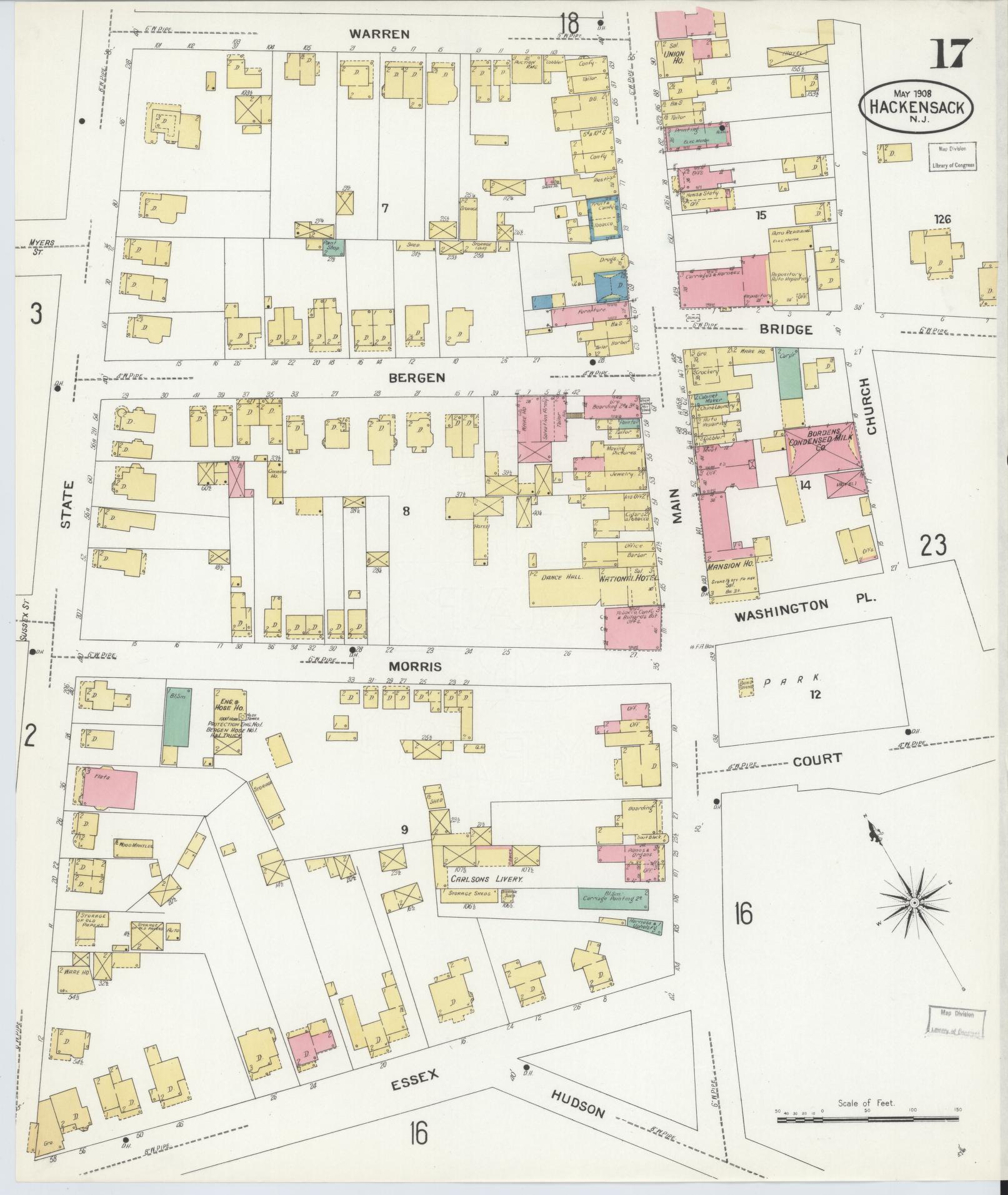 Sanborn Fire Insurance Map from Hackensack, Bergen County, New Jersey (1908), Sheet #0017 - Complete Map Set gallery image, historic Sanborn map, vintage wall art, New Jersey New Jersey