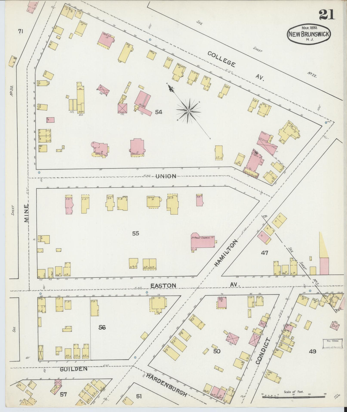 Sanborn Fire Insurance Map from New Brunswick, Middlesex County, New Jersey (1892), Sheet #0021 - Historic Sanborn Fire Insurance Map Print, vintage old map wall art, antique decor, genealogy gift, New Jersey New Jersey map