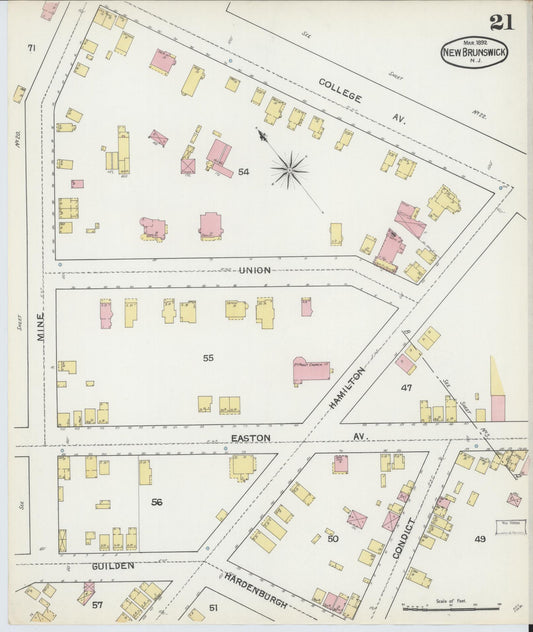 Sanborn Fire Insurance Map from New Brunswick, Middlesex County, New Jersey (1892), Sheet #0021 - Historic Sanborn Fire Insurance Map Print, vintage old map wall art, antique decor, genealogy gift, New Jersey New Jersey map