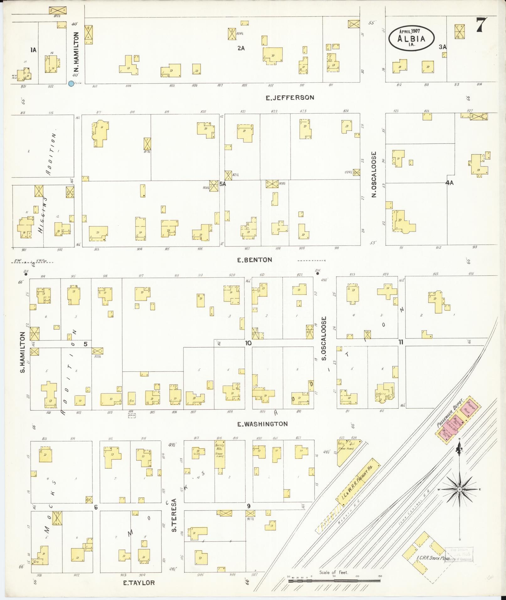 Sanborn Fire Insurance Map from Albia, Monroe County, Iowa (1907), Sheet #0007 - Historic Sanborn Fire Insurance Map Print, vintage old map wall art