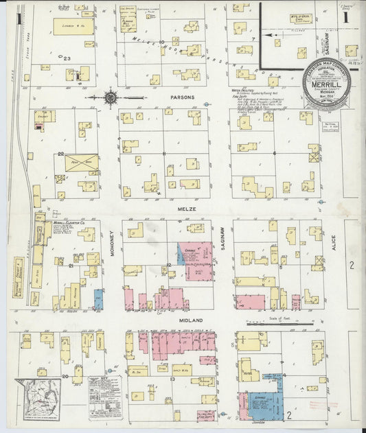 Sanborn Fire Insurance Map from Merrill, Saginaw County, Michigan (1924), Sheet #0001 - Historic Sanborn Fire Insurance Map Print, vintage old map wall art, antique decor, genealogy gift, Michigan Michigan map