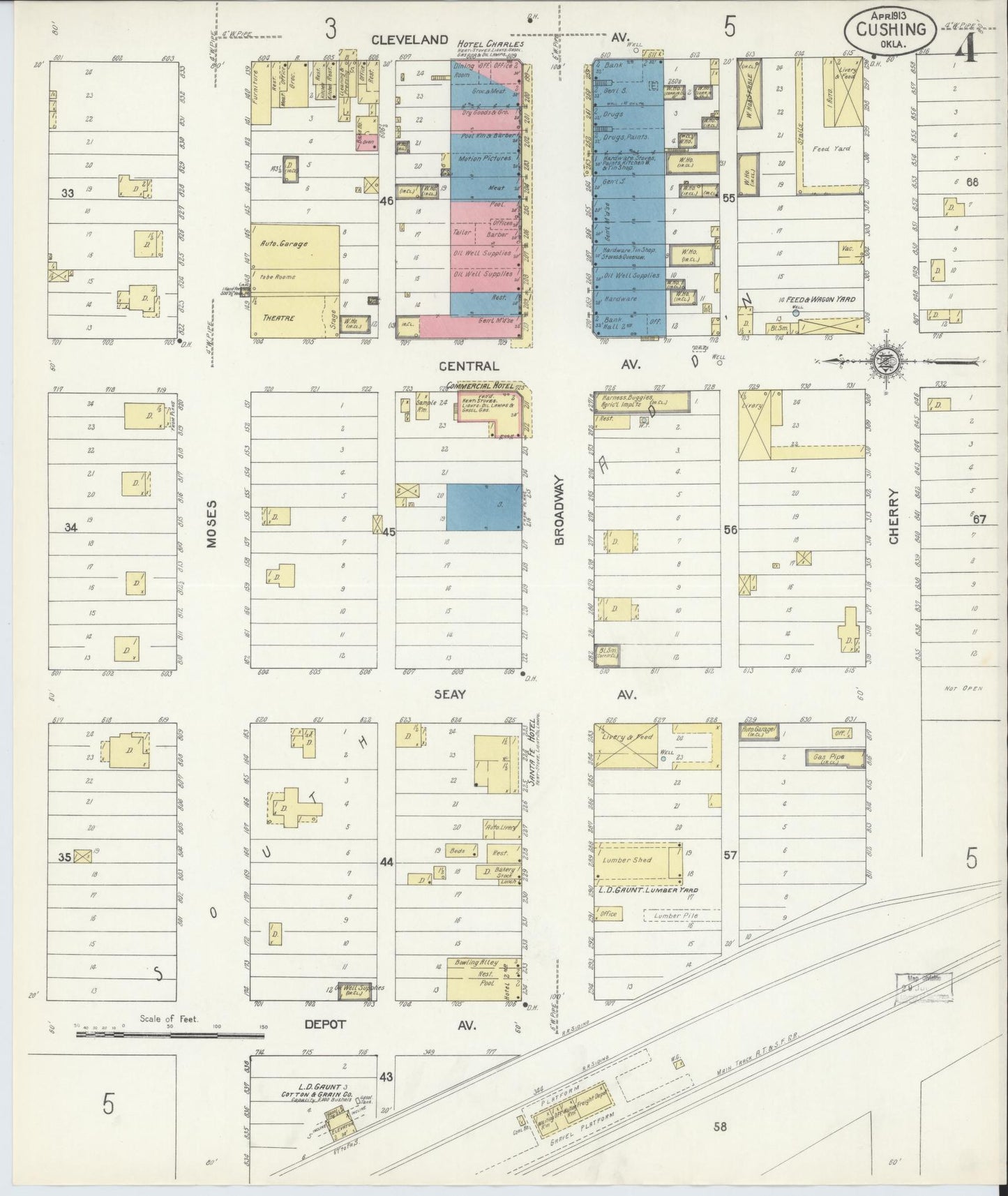 Sanborn Fire Insurance Map from Cushing, Payne County, Oklahoma (1913), Sheet #0004 - Historic Sanborn Fire Insurance Map Print, vintage old map wall art, antique decor, genealogy gift, Oklahoma Oklahoma map