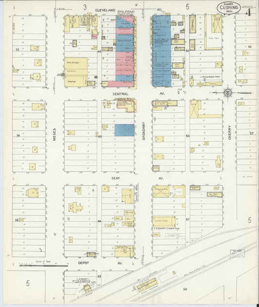 Sanborn Fire Insurance Map from Cushing, Payne County, Oklahoma (1913), Sheet #0004 - Historic Sanborn Fire Insurance Map Print, vintage old map wall art, antique decor, genealogy gift, Oklahoma Oklahoma map