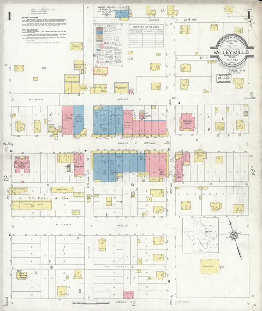 Sanborn Fire Insurance Map from Valley Mills, Bosque County, Texas (1932), Sheet #0001 - Historic Sanborn Fire Insurance Map Print, vintage old map wall art, antique decor, genealogy gift, Texas Texas map
