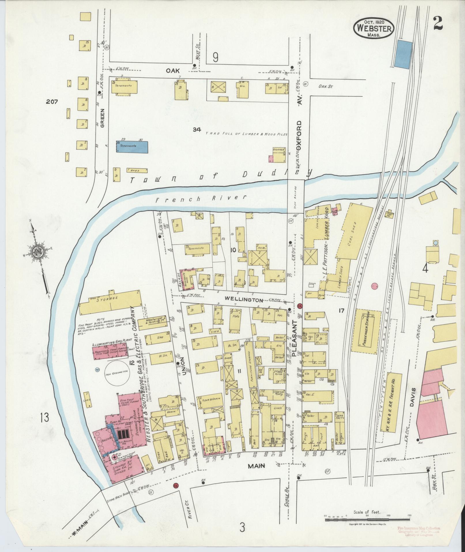 Sanborn Fire Insurance Map from Webster, Worcester County, Massachusetts (1920), Sheet #0002 - Complete Map Set gallery image, historic Sanborn map, vintage wall art, Massachusetts Massachusetts