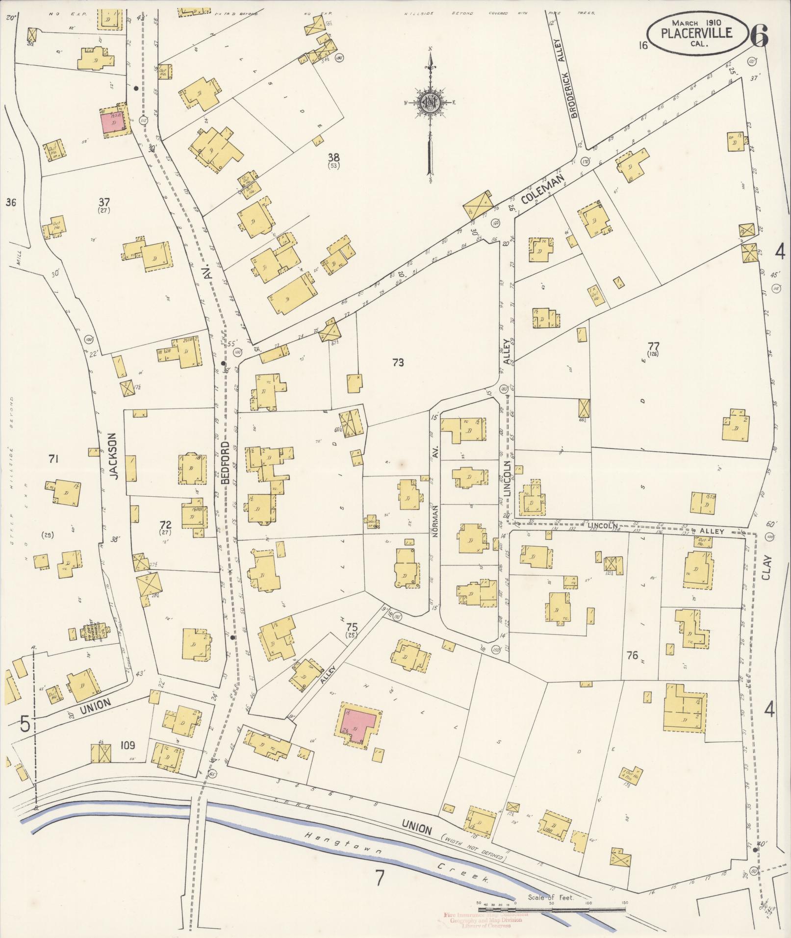 Sanborn Fire Insurance Map from Placerville, El Dorado County, California (1910), Sheet #0006 - Complete Map Set gallery image, historic Sanborn map, vintage wall art, California California