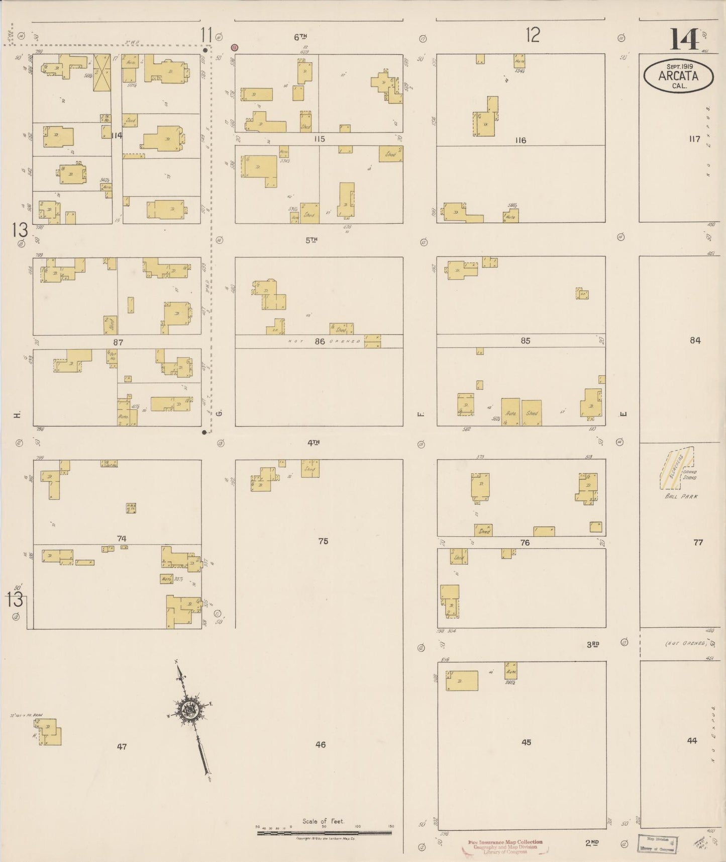 Sanborn Fire Insurance Map from Arcata, Humboldt County, California (1919), Sheet #0014 - Historic Sanborn Fire Insurance Map Print, vintage old map wall art, antique decor, genealogy gift, California California map