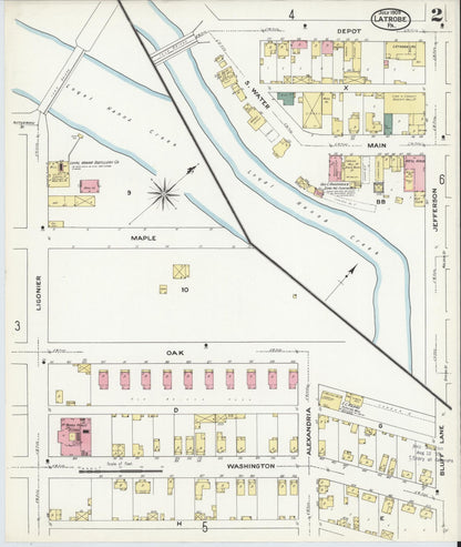 Sanborn Fire Insurance Map from Latrobe, Westmoreland County, Pennsylvania (1909), Sheet #0002 - Historic Sanborn Fire Insurance Map Print, vintage old map wall art, antique decor, genealogy gift, Pennsylvania Pennsylvania map