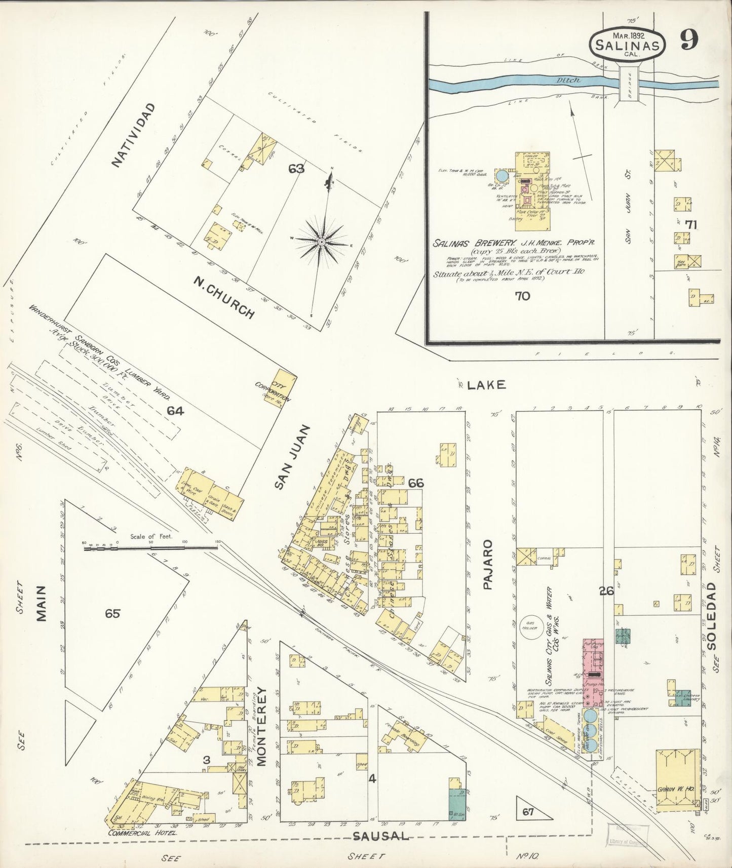 Sanborn Fire Insurance Map from Salinas, Monterey County, California (1892), Sheet #0009 - Complete Map Set gallery image, historic Sanborn map, vintage wall art, California California