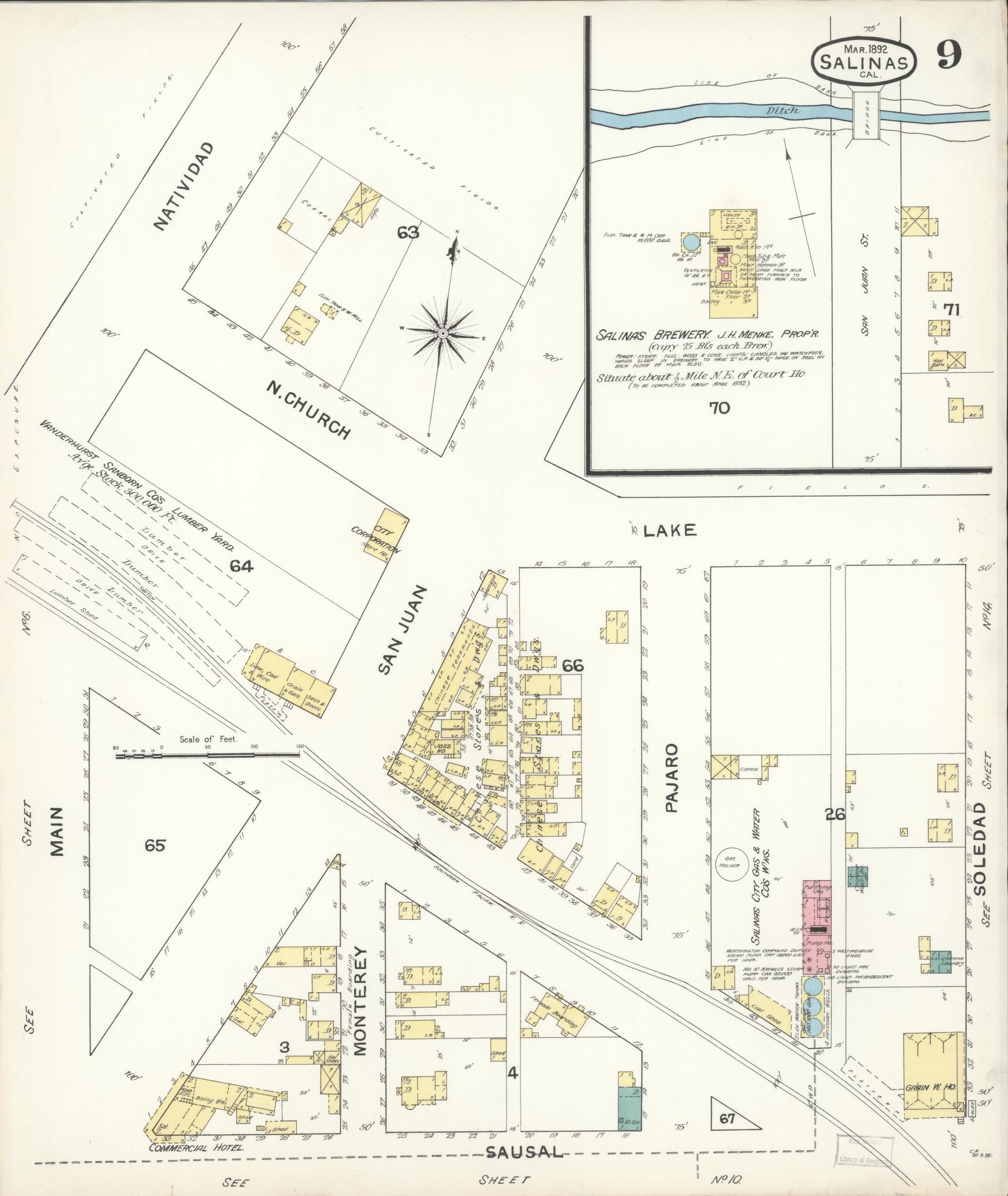 Sanborn Fire Insurance Map from Salinas, Monterey County, California (1892), Sheet #0009 - Complete Map Set gallery image, historic Sanborn map, vintage wall art, California California