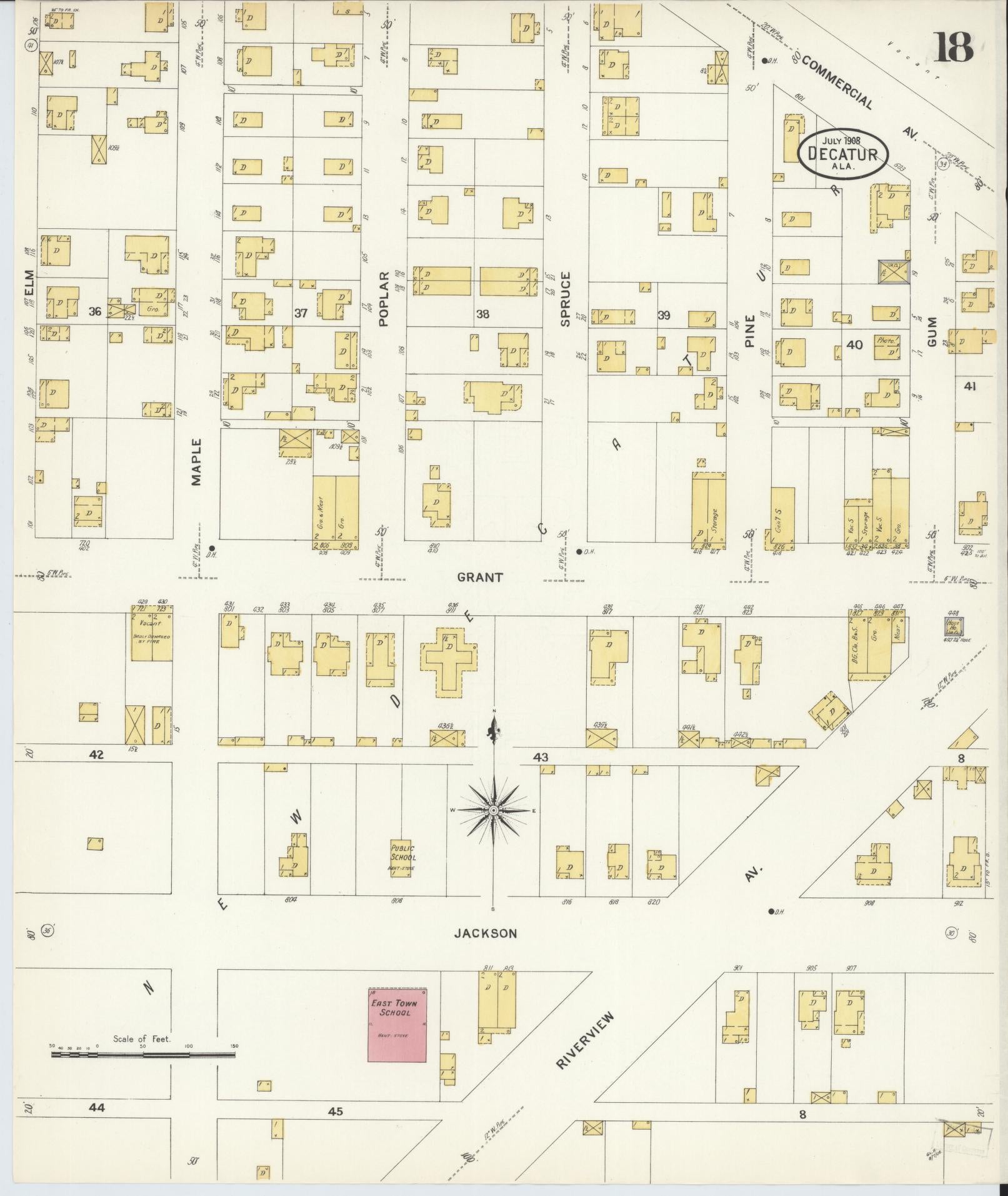 Sanborn Fire Insurance Map from Decatur, Morgan County, Alabama (1908), Sheet #0018 - Historic Sanborn Fire Insurance Map Print, vintage old map wall art, antique decor, genealogy gift, Alabama Alabama map