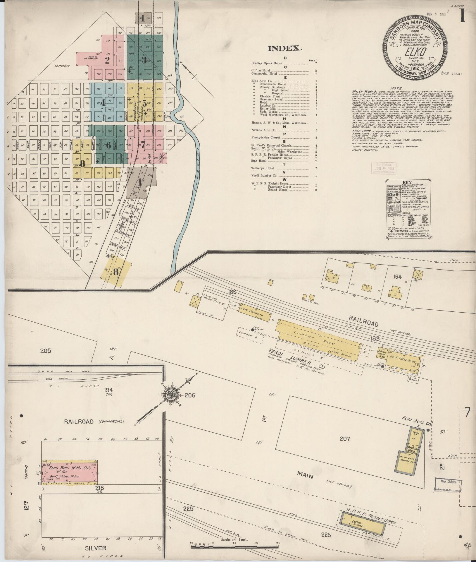 Sanborn Fire Insurance Map from Elko, Elko County, Nevada (1912), Sheet #0001 - Historic Sanborn Fire Insurance Map Print, vintage old map wall art, antique decor, genealogy gift, Nevada Nevada map
