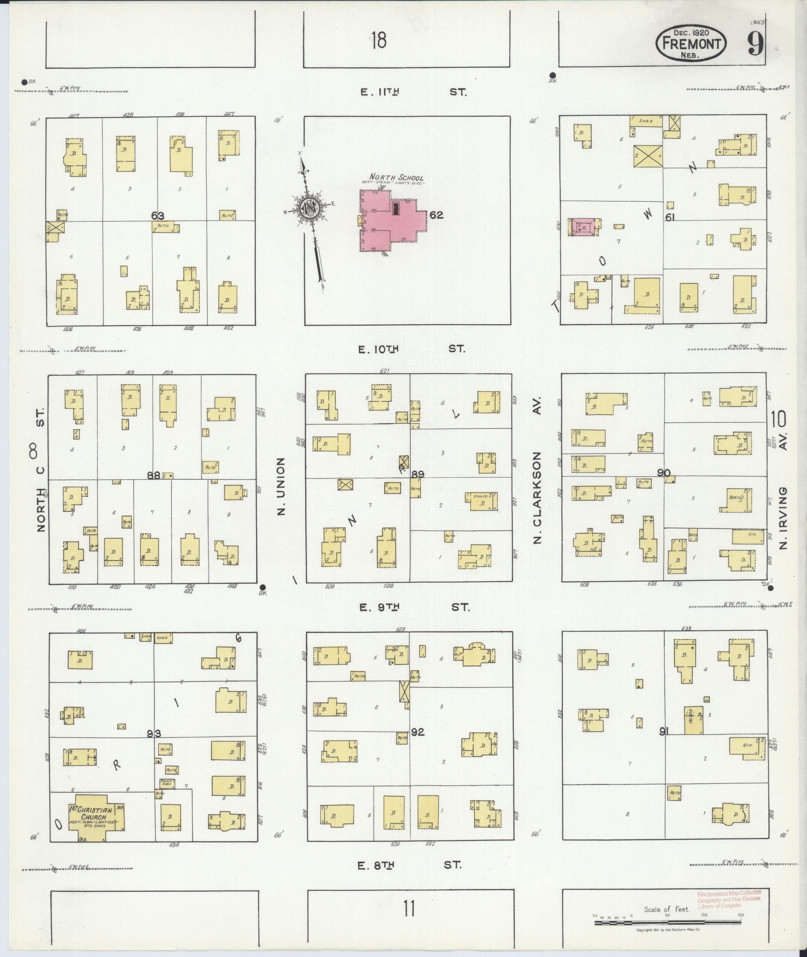 Sanborn Fire Insurance Map from Fremont, Dodge County, Nebraska (1920), Sheet #0009 - Historic Sanborn Fire Insurance Map Print, vintage old map wall art, antique decor, genealogy gift, Nebraska Nebraska map