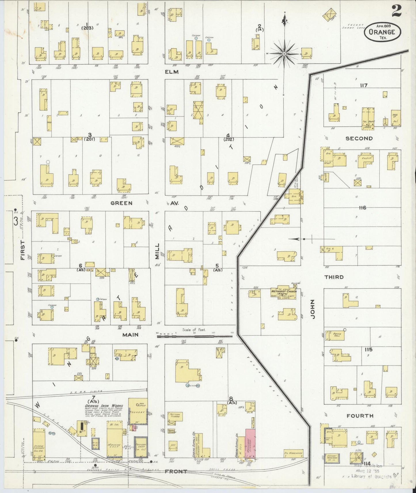 Sanborn Fire Insurance Map from Orange, Orange County, Texas (1909), Sheet #0002 - Historic Sanborn Fire Insurance Map Print, vintage old map wall art, antique decor, genealogy gift, Texas Texas map