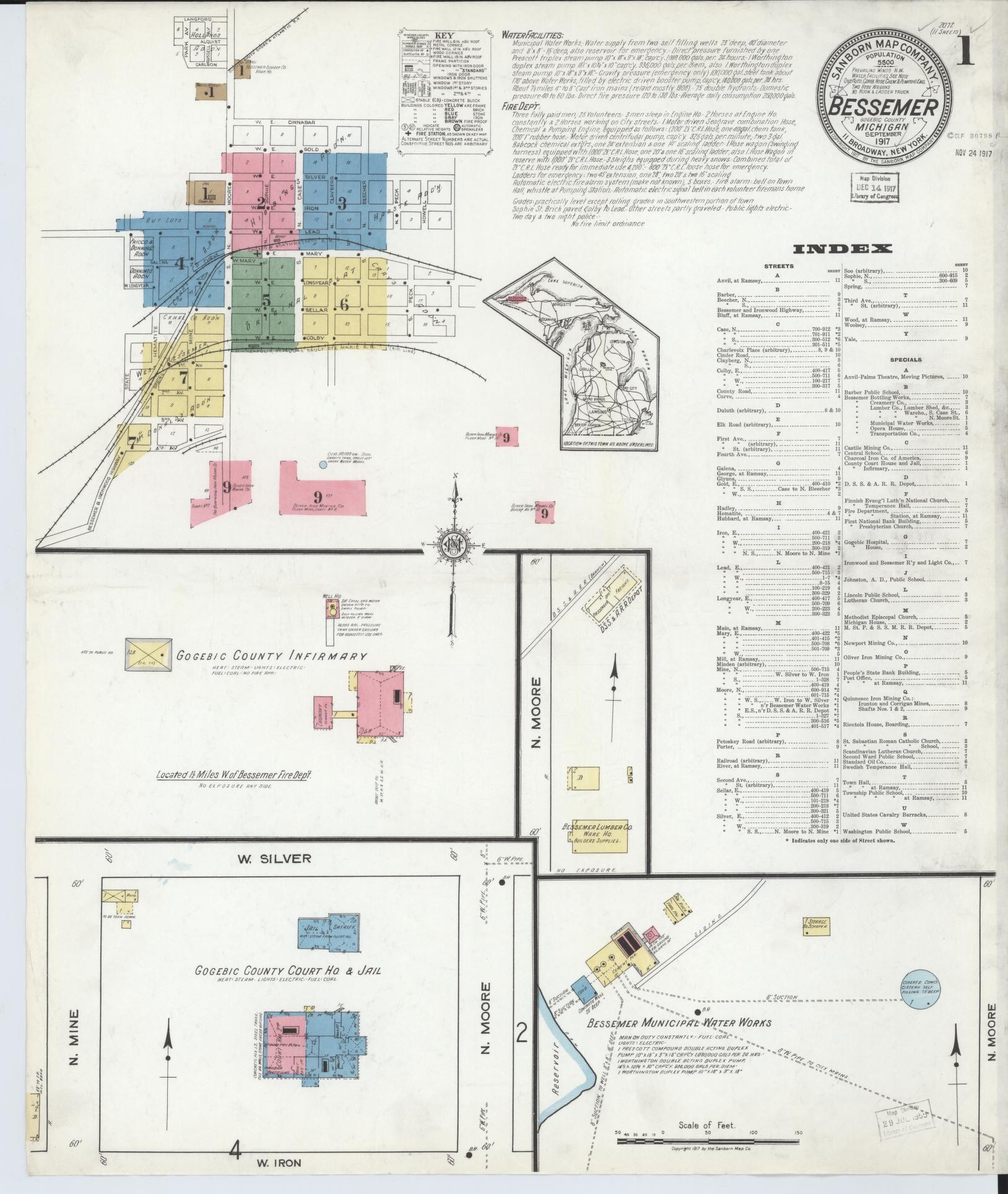 Sanborn Fire Insurance Map from Bessemer, Gogebic County, Michigan (1917), Sheet #0001 - Historic Sanborn Fire Insurance Map Print, vintage old map wall art, antique decor, genealogy gift, Michigan Michigan map