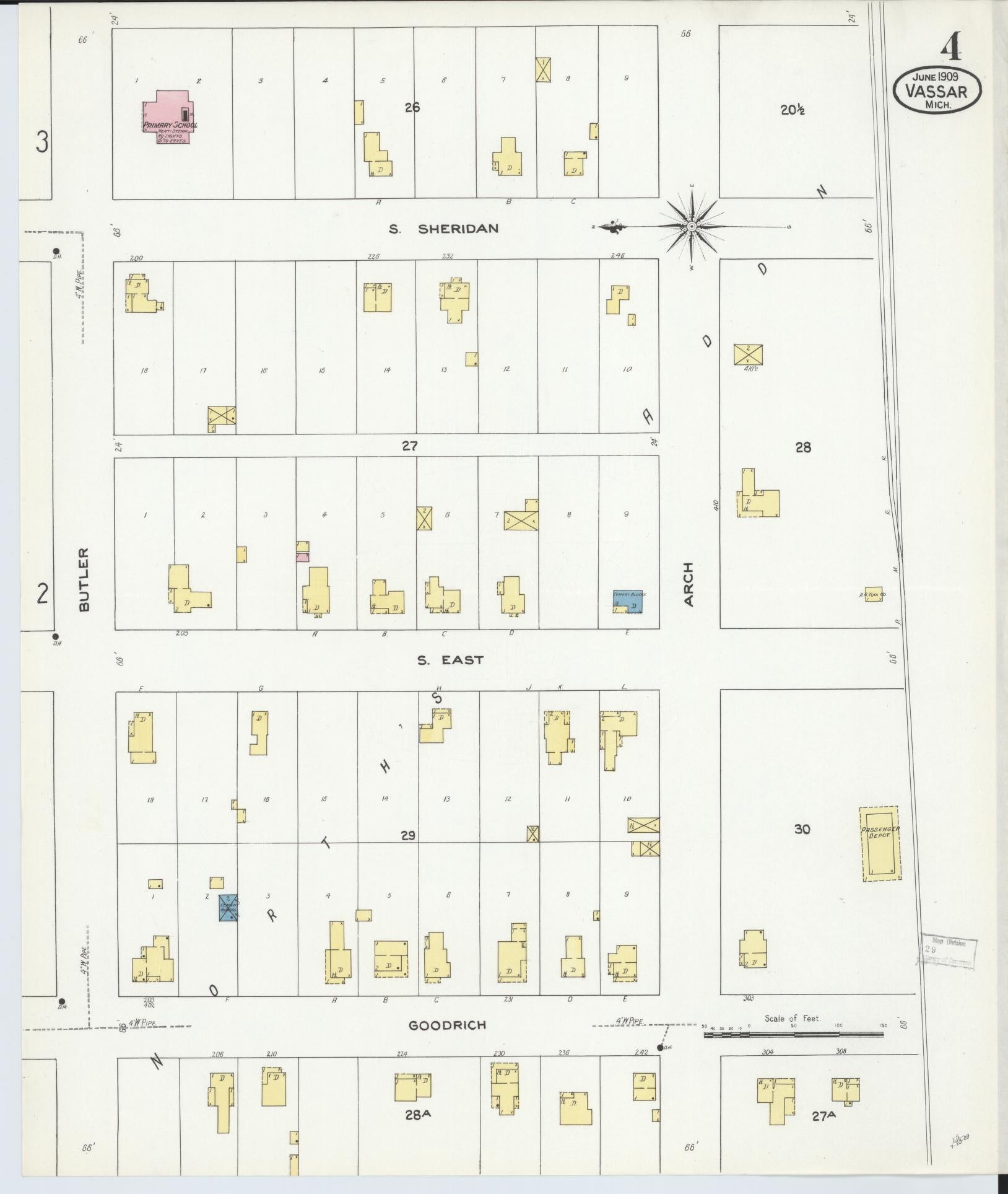Sanborn Fire Insurance Map from Vassar, Tuscola County, Michigan (1909), Sheet #0004 - Historic Sanborn Fire Insurance Map Print, vintage old map wall art, antique decor, genealogy gift, Michigan Michigan map