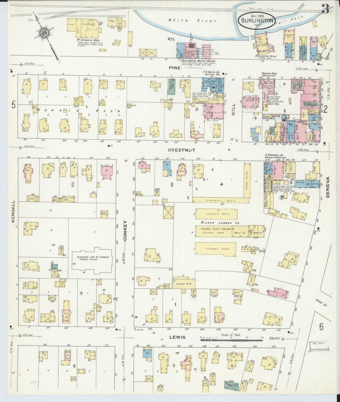 Sanborn Fire Insurance Map from Burlington, Racine County, Wisconsin (1909), Sheet #0003 - Complete Map Set gallery image, historic Sanborn map, vintage wall art, Wisconsin Wisconsin