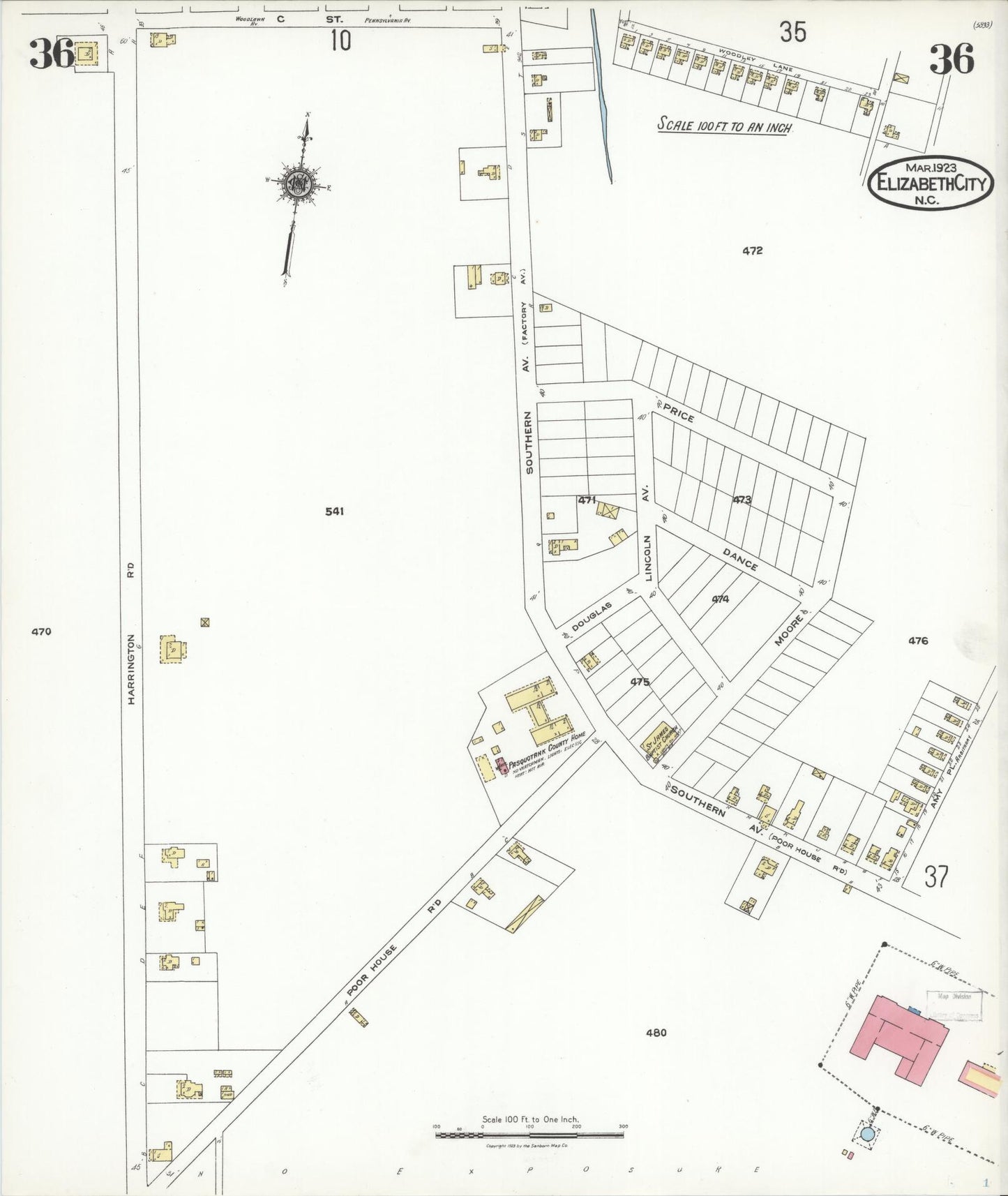 Sanborn Fire Insurance Map from Elizabeth City, Pasquotank County, North Carolina (1923), Sheet #0036 - Complete Map Set gallery image, historic Sanborn map, vintage wall art, North Carolina North Carolina