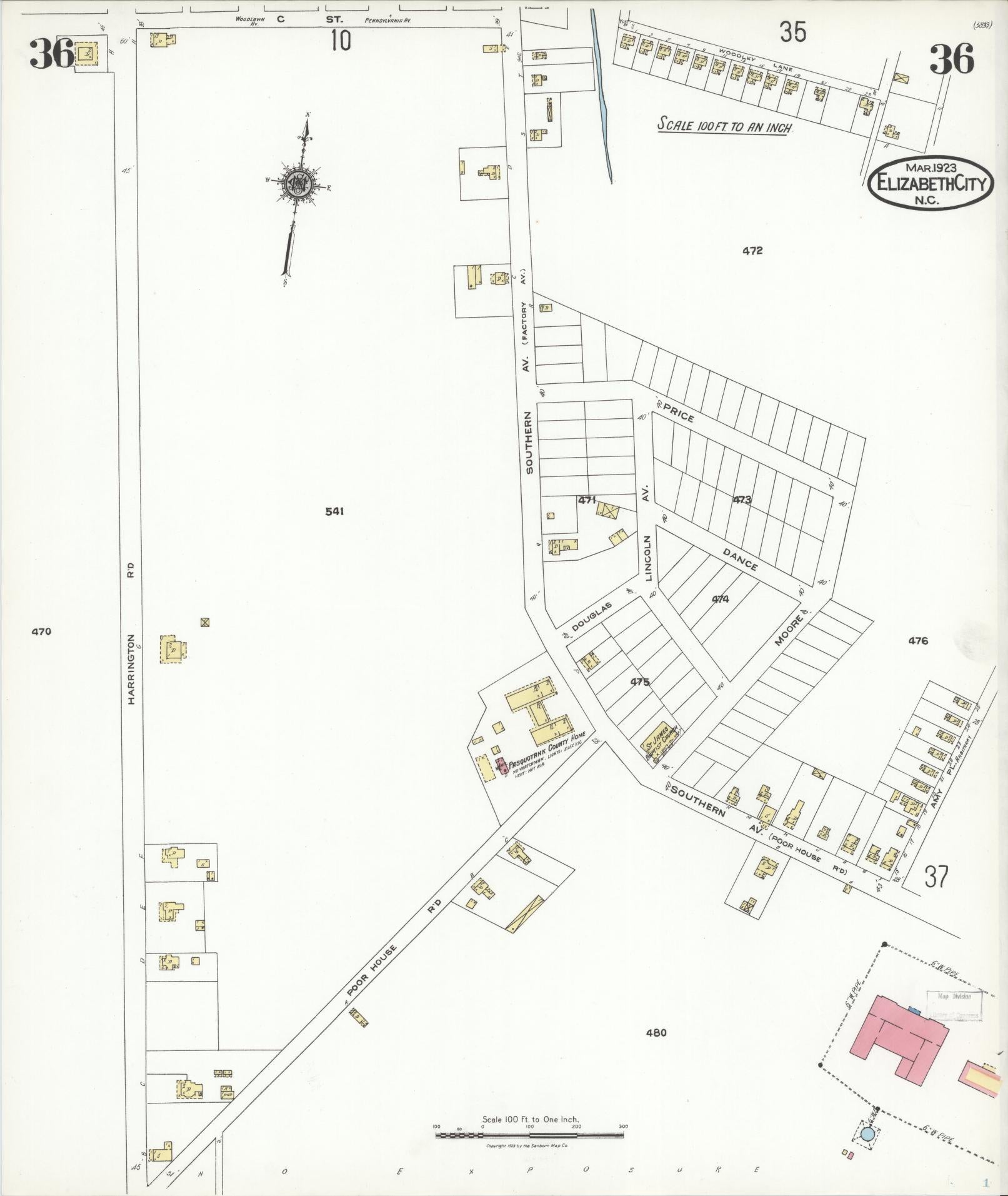 Sanborn Fire Insurance Map from Elizabeth City, Pasquotank County, North Carolina (1923), Sheet #0036 - Complete Map Set gallery image, historic Sanborn map, vintage wall art, North Carolina North Carolina