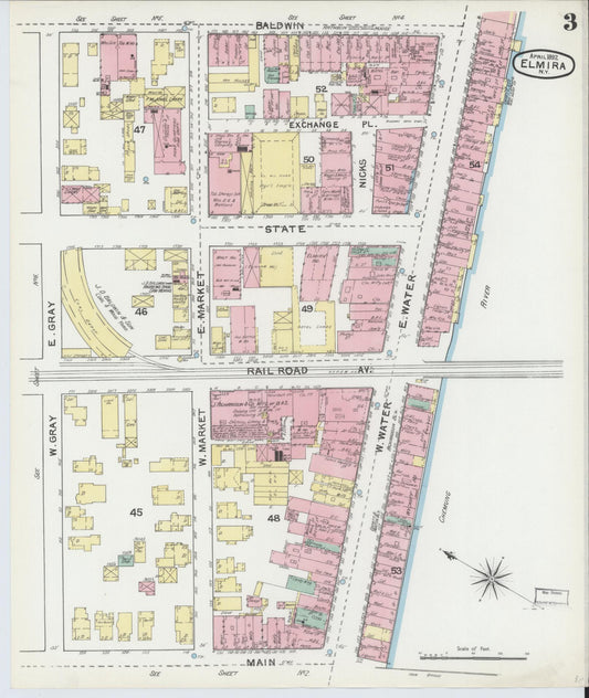 Sanborn Fire Insurance Map from Elmira, Chemung County, New York (1892), Sheet #0003 - Historic Sanborn Fire Insurance Map Print, vintage old map wall art, antique decor, genealogy gift, New York New York map