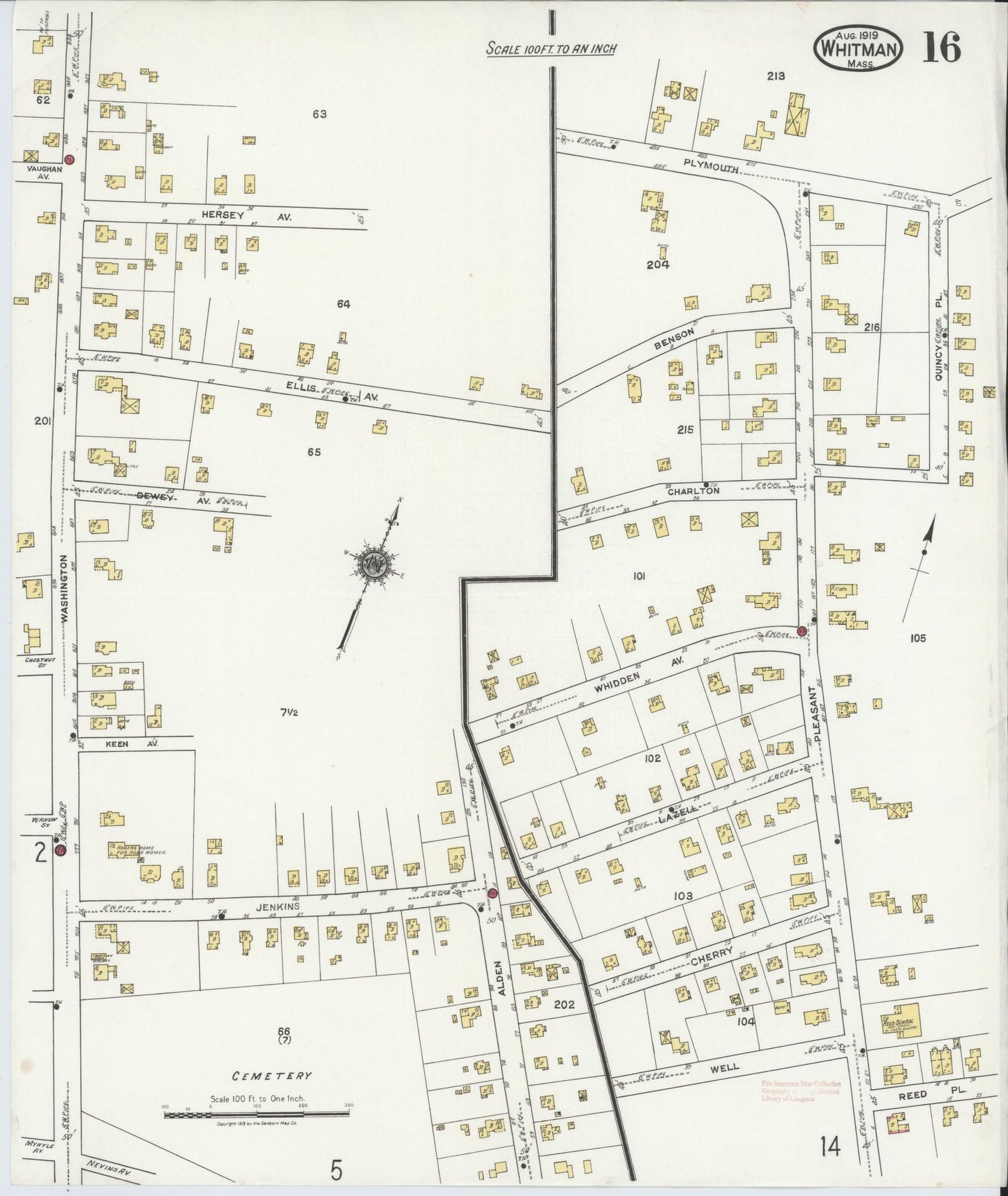 Sanborn Fire Insurance Map from Whitman, Plymouth County, Massachusetts (1919), Sheet #0016 - Historic Sanborn Fire Insurance Map Print, vintage old map wall art, antique decor, genealogy gift, Massachusetts Massachusetts map