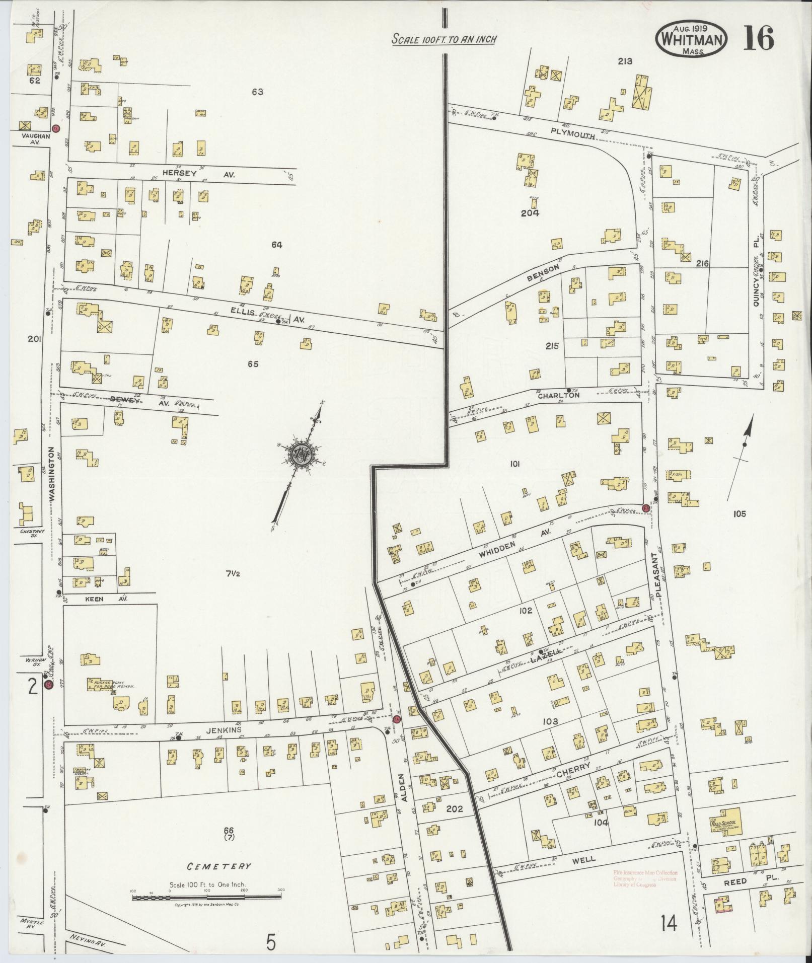 Sanborn Fire Insurance Map from Whitman, Plymouth County, Massachusetts (1919), Sheet #0016 - Historic Sanborn Fire Insurance Map Print, vintage old map wall art, antique decor, genealogy gift, Massachusetts Massachusetts map