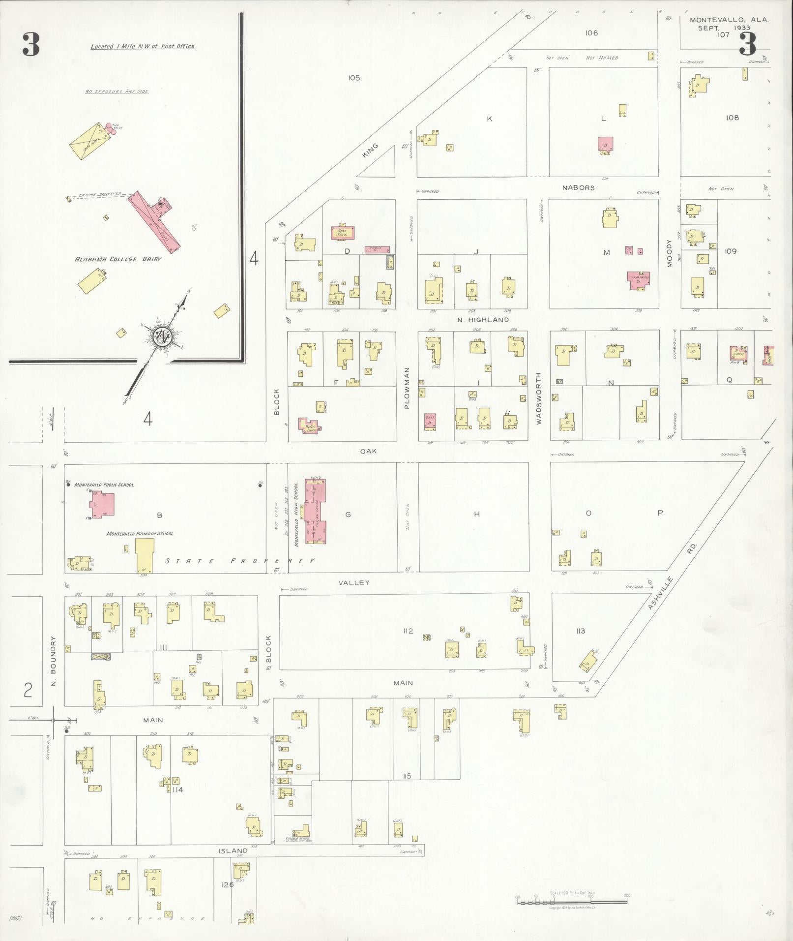 Sanborn Fire Insurance Map from Montevallo, Shelby County, Alabama (1933), Sheet #0003 - Complete Map Set gallery image, historic Sanborn map, vintage wall art, Alabama Alabama